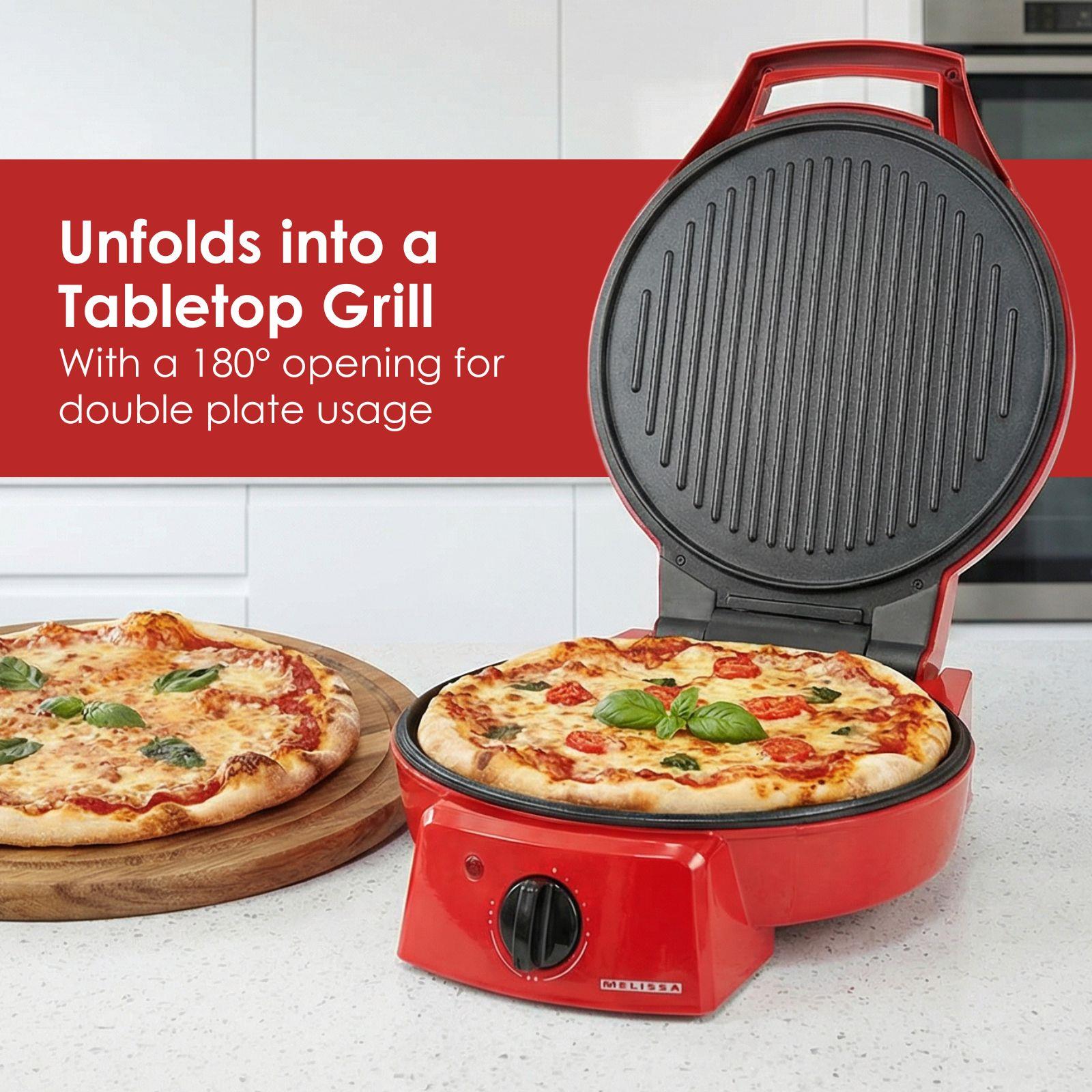 MELISSA 12" Electric Pizza Maker & Table Top Grill, Indoor Portable Pizza Oven with Non-Stick 12" Plates, 3 Heat Settings Max 230°C - Retro Red