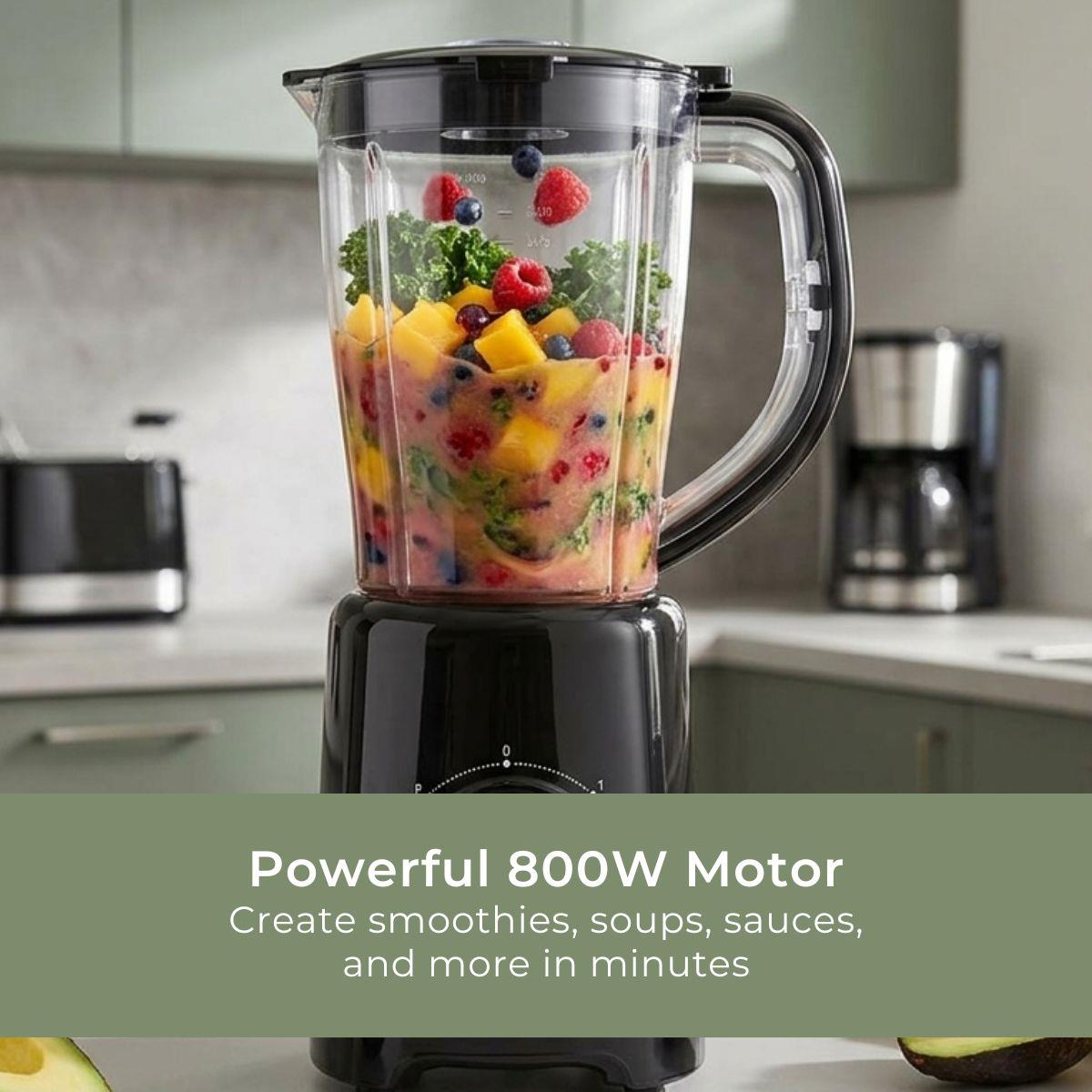 MELISSA Table Top Blender, 800W, with 1.5L Plastic Jug, 2 Speed Settings and Pulse Function, Ideal for Fruit Juice, Vegetables, Soup, Smoothies, Protein Shakes and more - Black