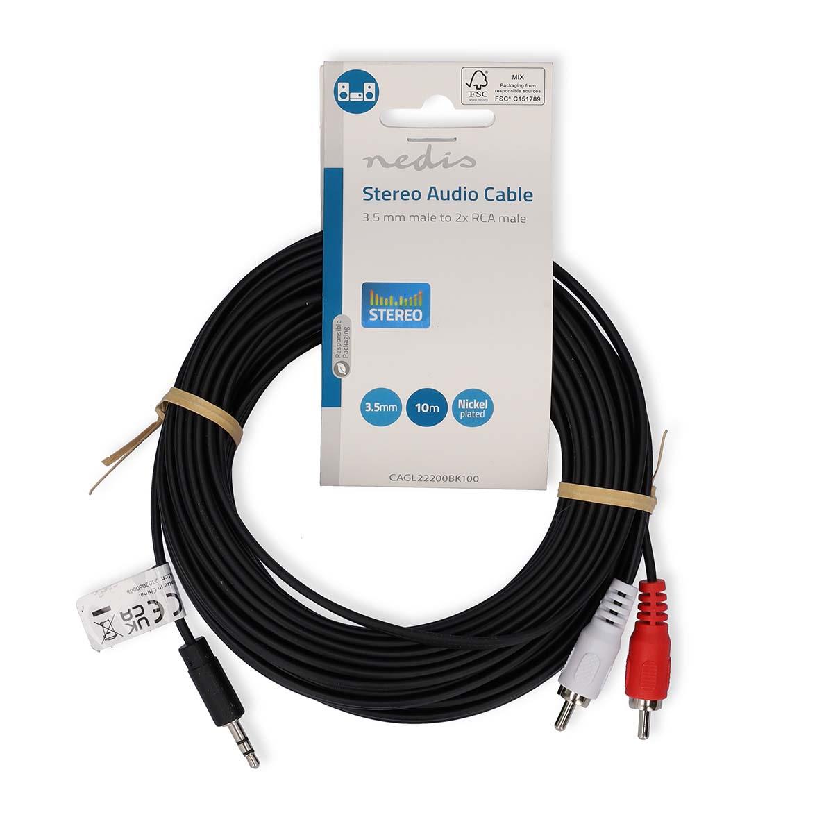 Nedis Stereo Audio Cable | 3.5 mm Male | 2x RCA Male | Nickel Plated | 10.0 m | Round | Black | Label
