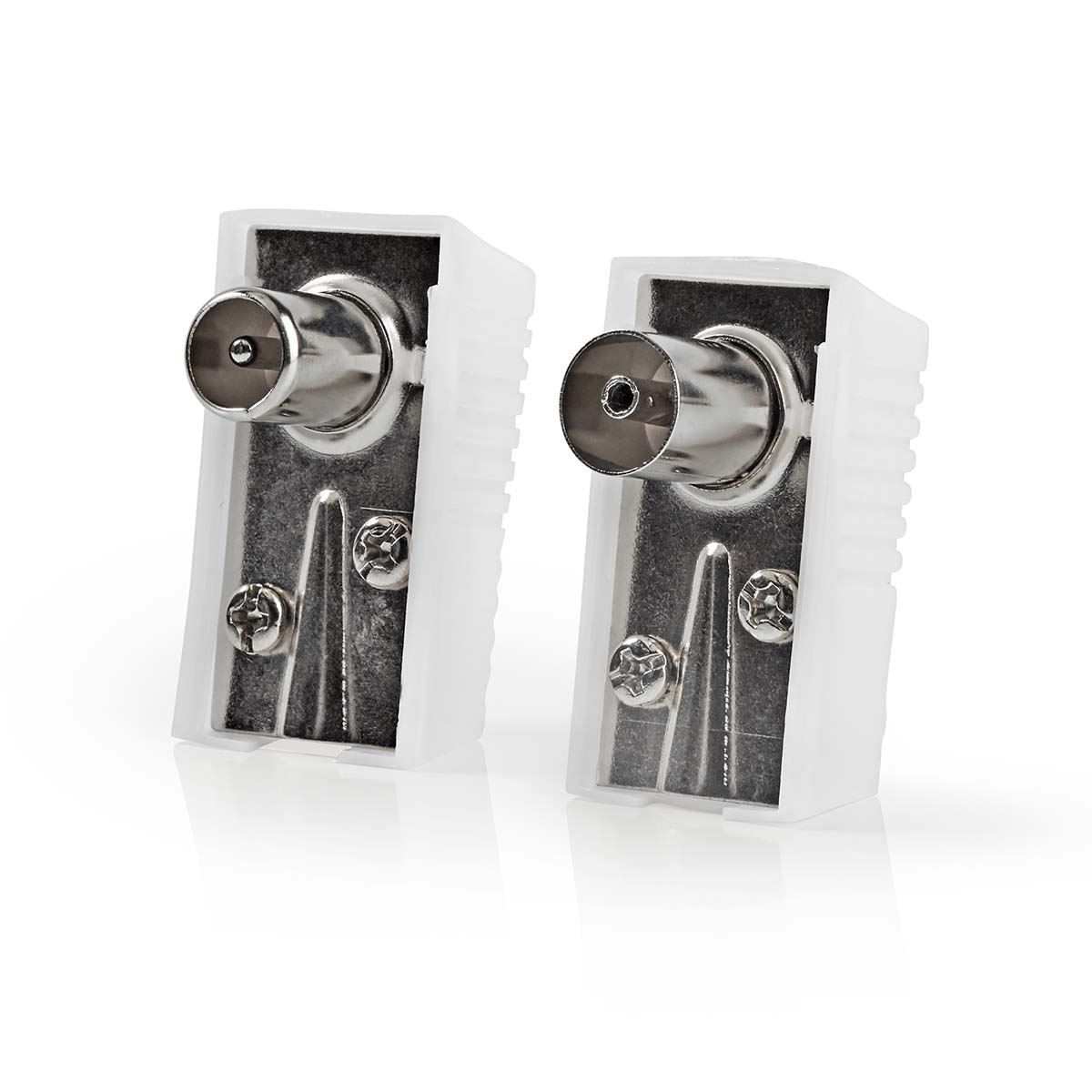 Nedis IEC (Coax) Connector | Angled | Female / Male | Nickel Plated | 75 Ohm | Screw | Cable input diameter: 7.0 mm | Metal / PVC | White | 2 pcs | Box