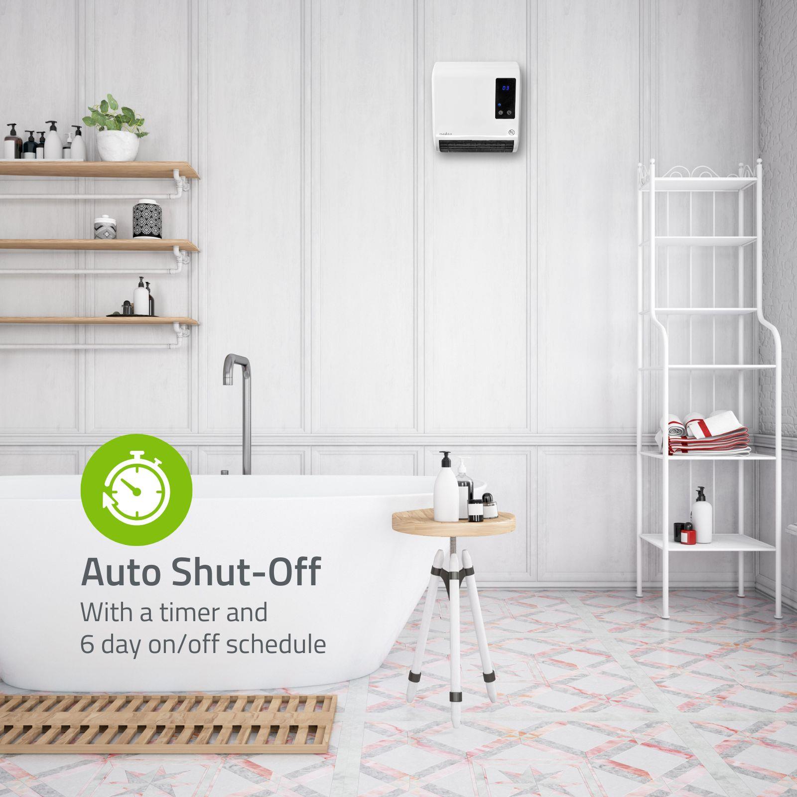 Nedis Bathroom Fan Heater, 2kW, Wall Mounted, with LED Display, 2 Heat Power Settings, 7 Day Timer and Remote Control, White