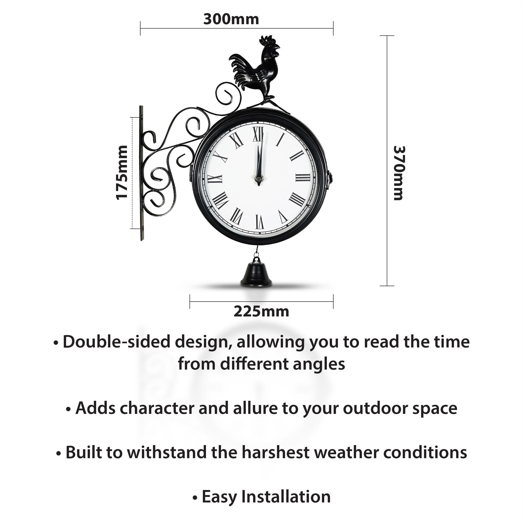 Large 20cm Double Sided Outdoor Station Wall Clock Retro Metal Rooster with Iron Bracket