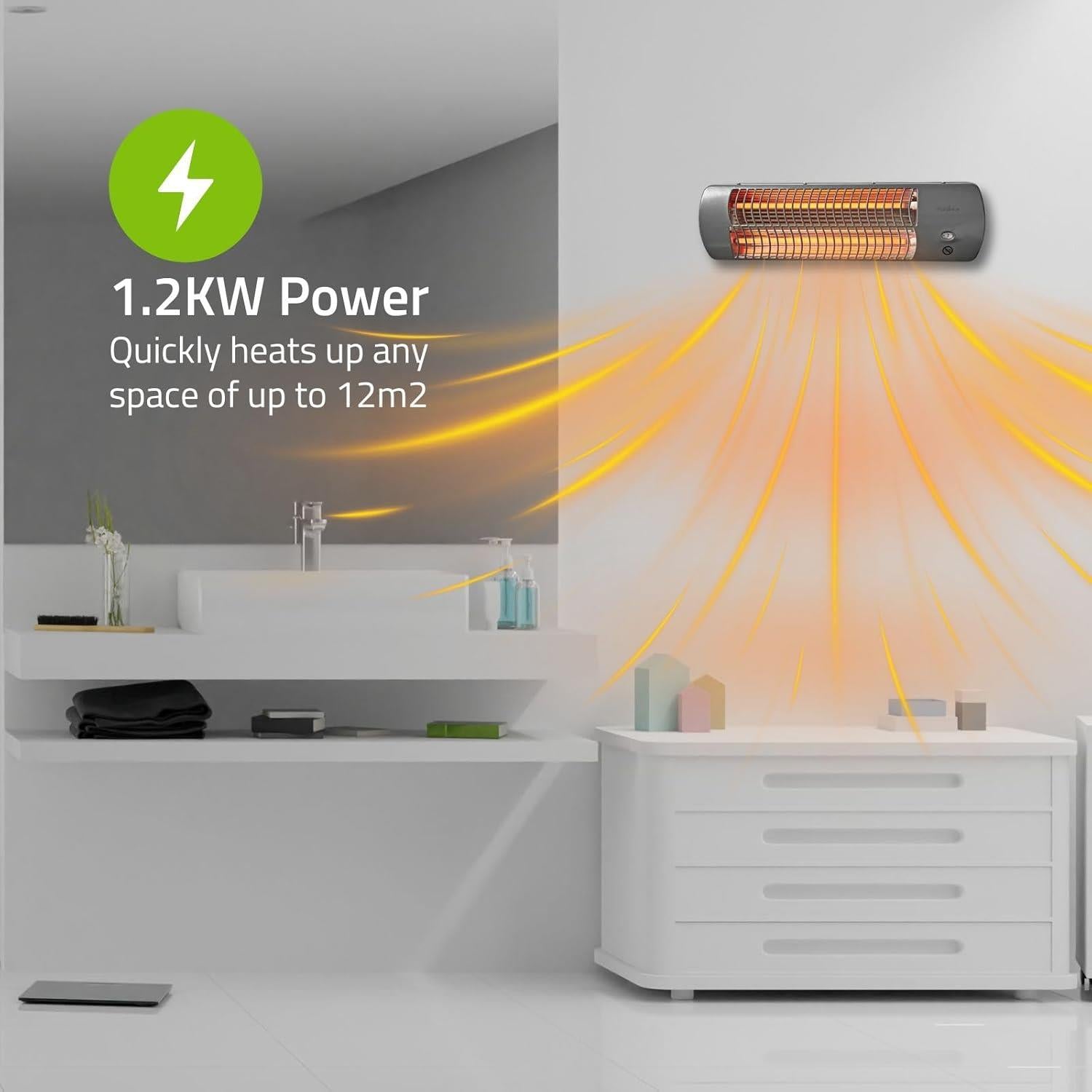 Nedis Bathroom Heater, Electric Wall-Mountable Radiant Heater with 2 Heat Settings (600/1200W), Tiltable Head, IPX4 Rated for Bathrooms - Grey