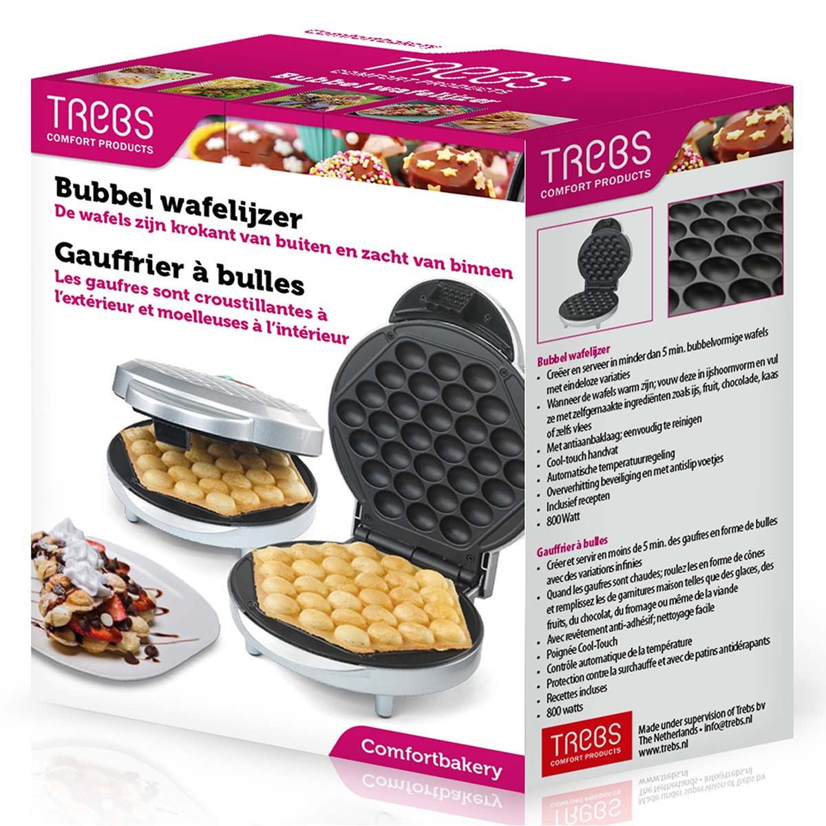 Trebs Waffle Maker Iron, Single Bubble Shape Waffle Machine with Non Stick Plates & Adjustable Temperature Control, 1000W - White