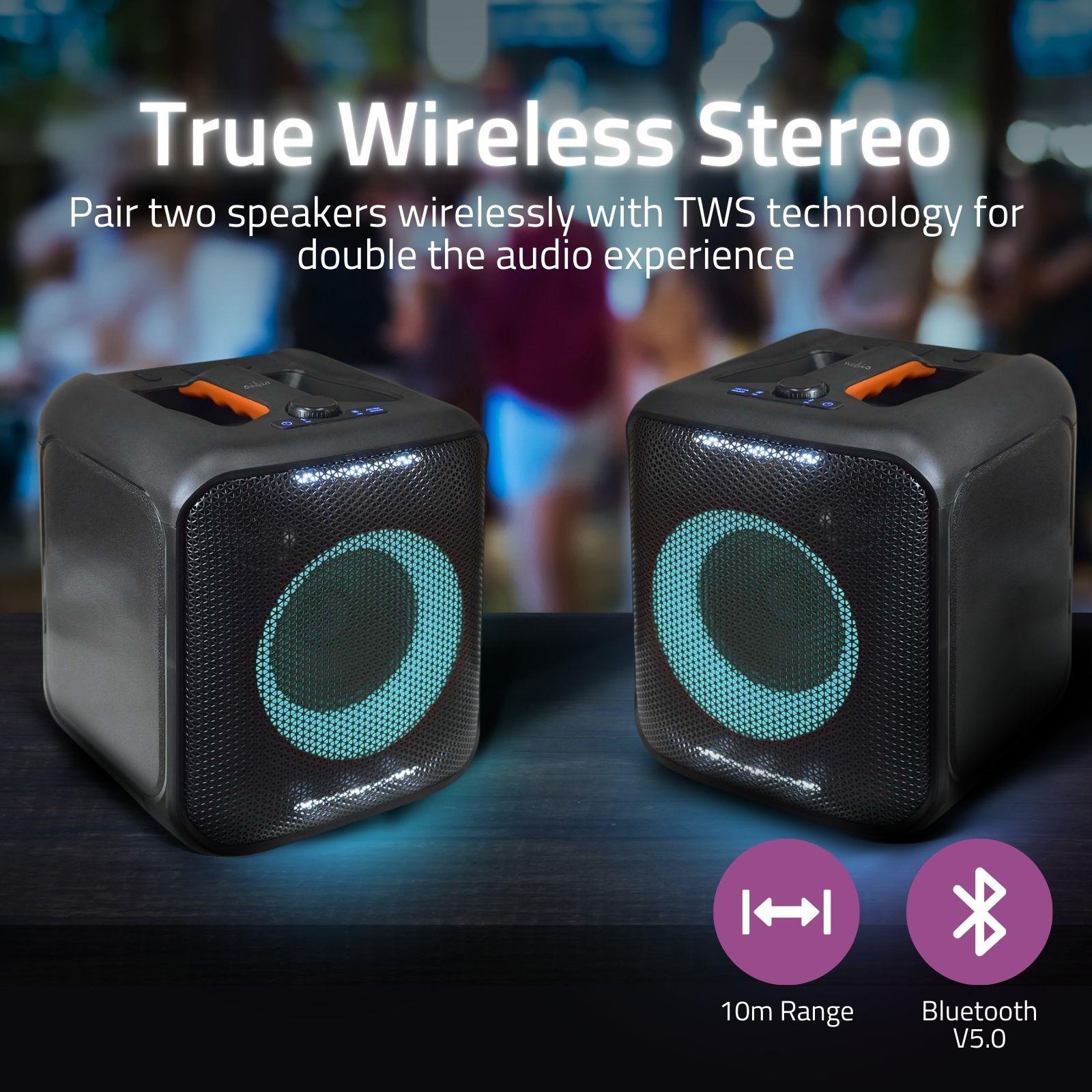 Nedis Portable Bluetooth Cube Party Speaker, 150W Peak Power, with Mega Bass, LED Lights, 5hr Playtime, TWS, AUX/USB / 6.35mm Mic Input