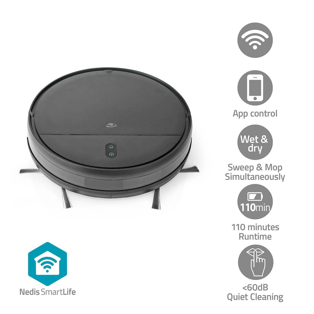Nedis SmartLife Robot Vacuum Cleaner | Random | Wi-Fi | Capacity collection reservoir: 0.2 l | Automatic charging | Maximum operating time: 1.8 hrs | Black | Android™ / IOS