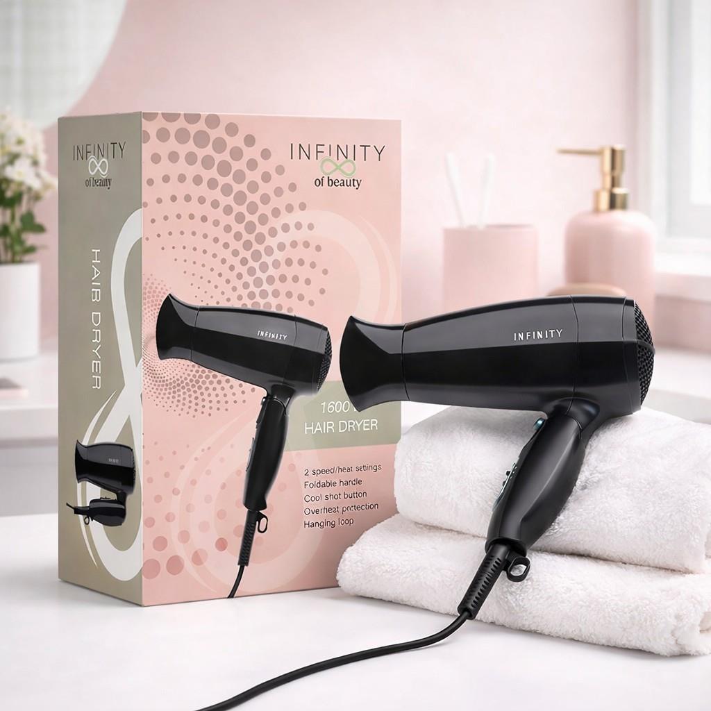 MELISSA Travel Folding Hair Dryer Lightweight and Powerful 1600W Blow Dryer, Dual Voltage, Worldwide Use, 2 Heat/Speed Settings, Black