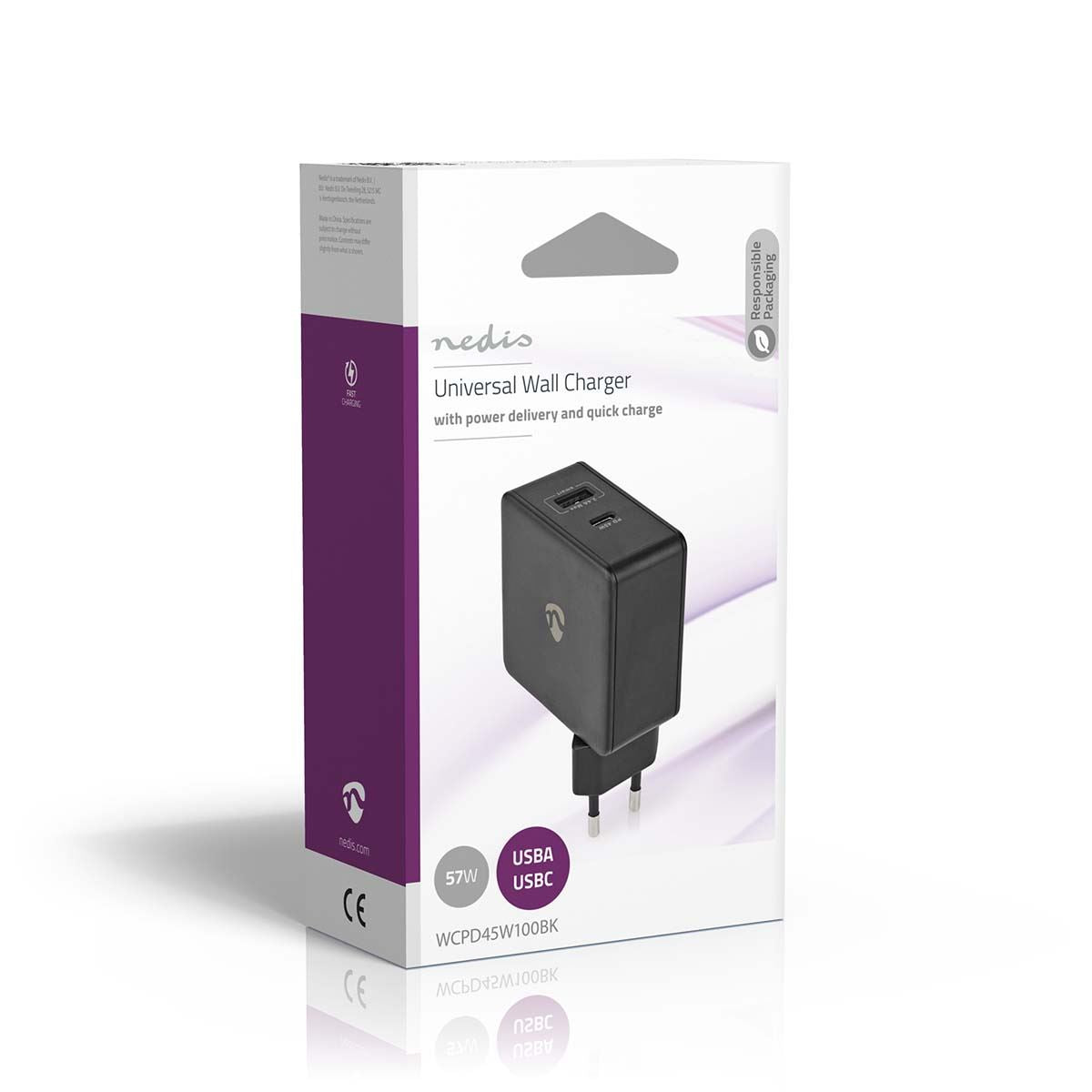 Nedis EU Euro Travel Wall Charger | 57 W | PD3.0 45W | Quick charge feature | 2.25 / 2.4 / 3.0 A | Number of outputs: 2 | USB-A / USB-C™ | No Cable Included | Automatic Voltage Selection | Black