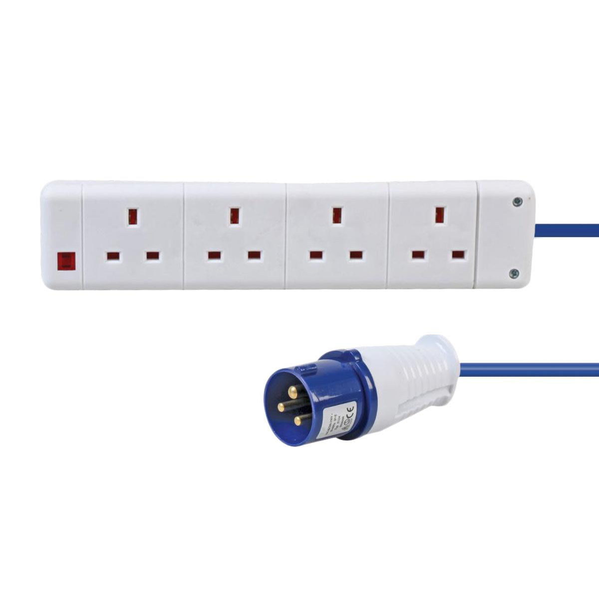 Ex-Pro 20m 16A to 13A Caravan Adapter, 4 Gang Socket Extension Lead, IEC 60309 Plug to UK 3 Pin Sockets with LED Indicator