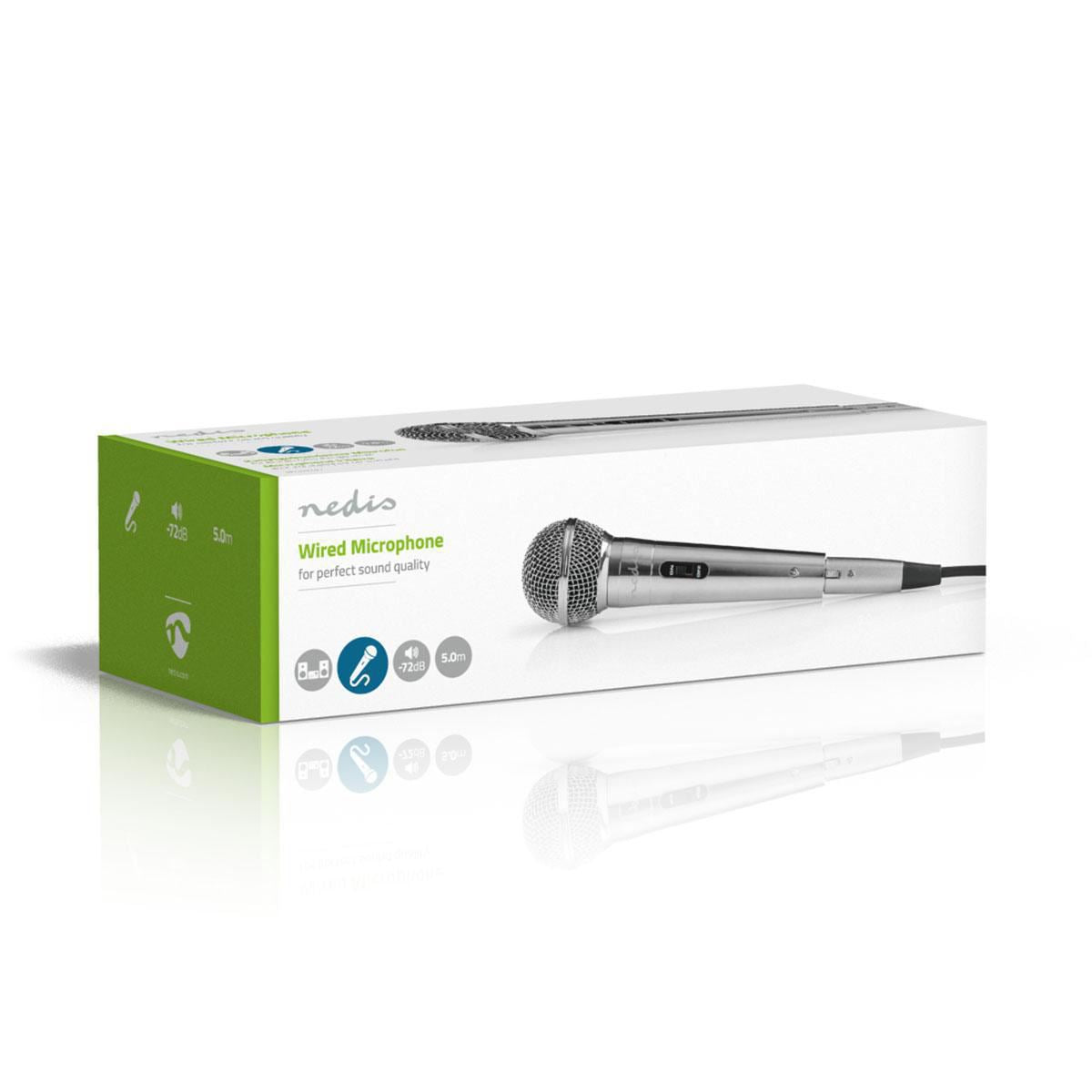 Nedis Uni-Directional Wired 6.5mmm Dynamic Microphone, On/Off, sensitivity 72dB +/- 3dB, 80Hz-13kHz, Wired 5m - Metal Silver