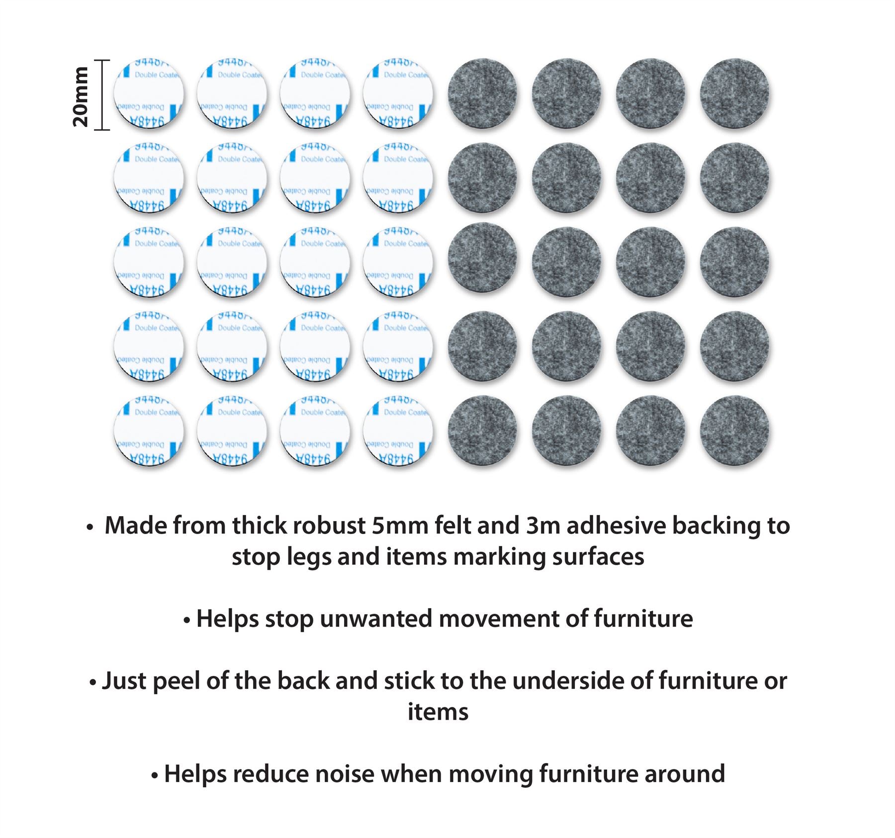 20mm 40 Pack Felt Pads Self Adhesive Grey Sticky Furniture Floor Chair Legs Protectors