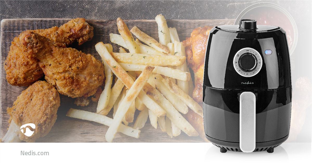 Nedis 2.4L Hot Air Fryer, Adjustable Temperature, 30 Min Timer - For Baking, Grilling, Frying & Roasting with Rapid Air Circulation, Uses Minimal Oil for Up to 90% Less Fat