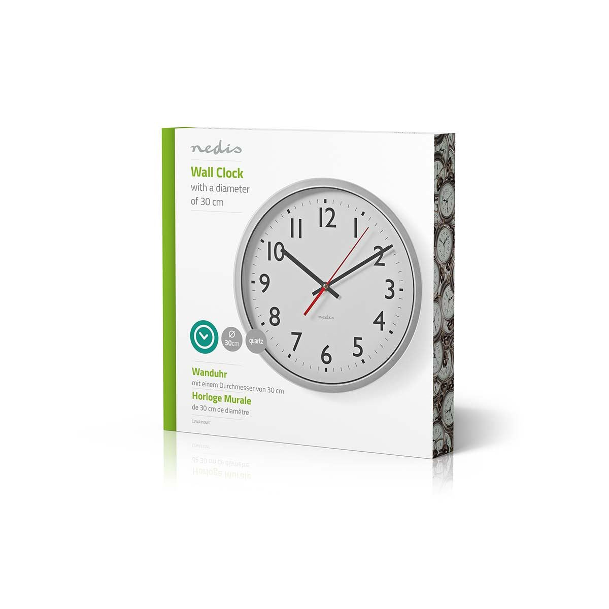 Nedis 30cm Wall Clock with Easy Read Numbers, Silent Movement, Battery Powered - Silver / White