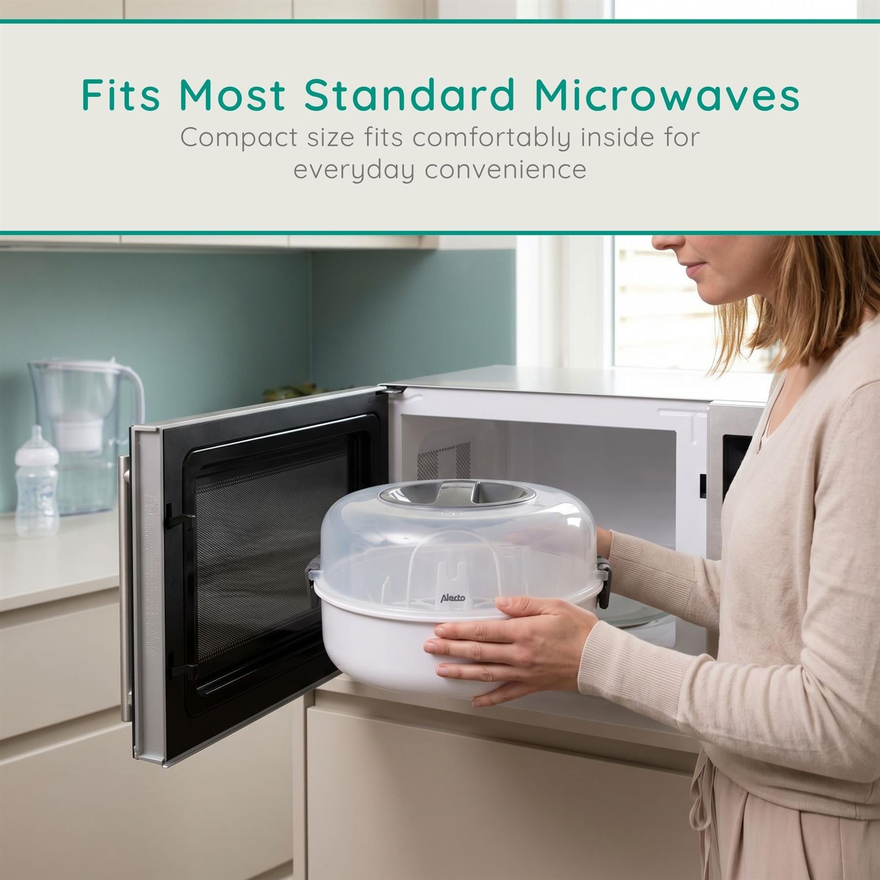 Alecto Microwave Steam Steriliser for Baby Bottles, Soothers, Breast Pumps and Feeding Accessories, Kills Viruses and 99.9% of Harmful Bacteria, 4-Minute Sterilisation Cycle