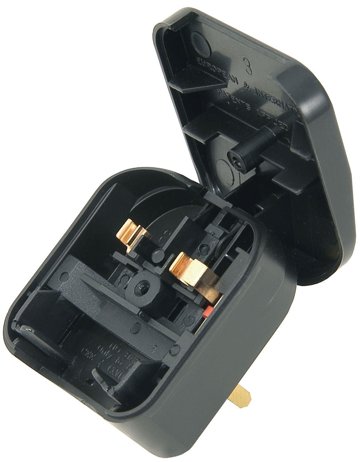 European 2 Pin EU Cable to UK Mains Plug Converter Adapter FCP Clamp-On 3A - Black