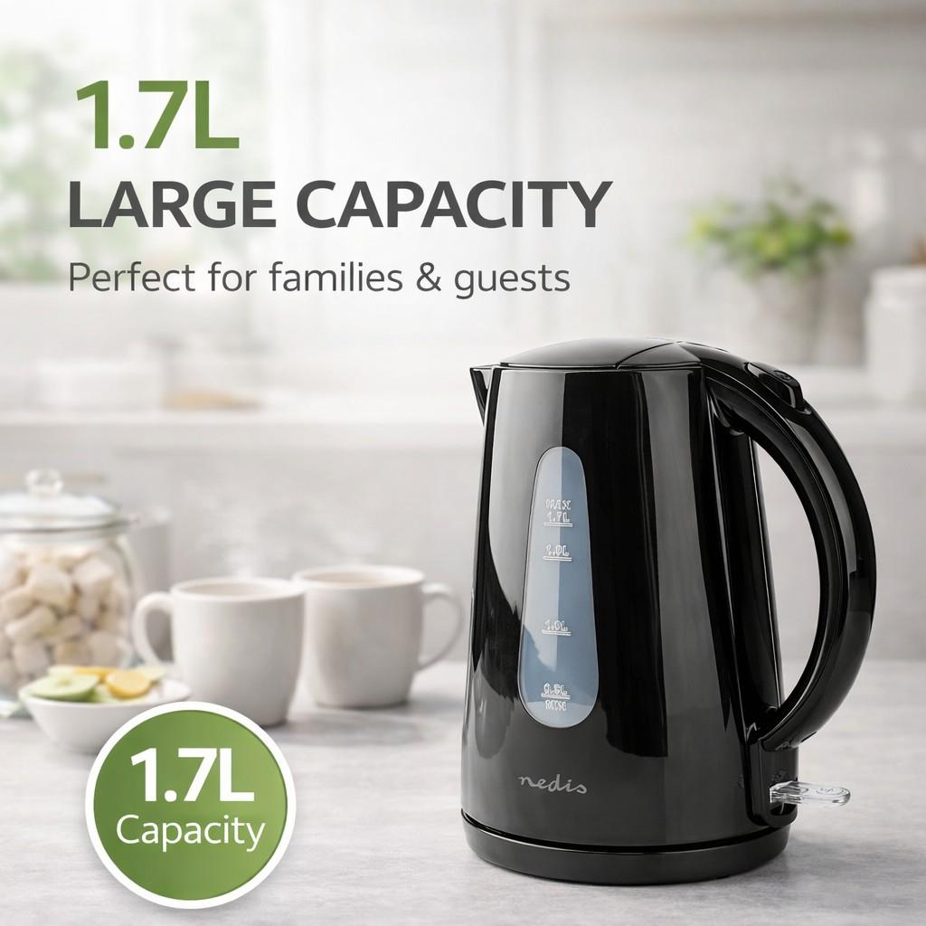 Nedis Electric Kettle | 1.7 l | Plastic | Black | Rotatable 360 degrees | Concealed heating element | Strix® controller | Boil-dry protection