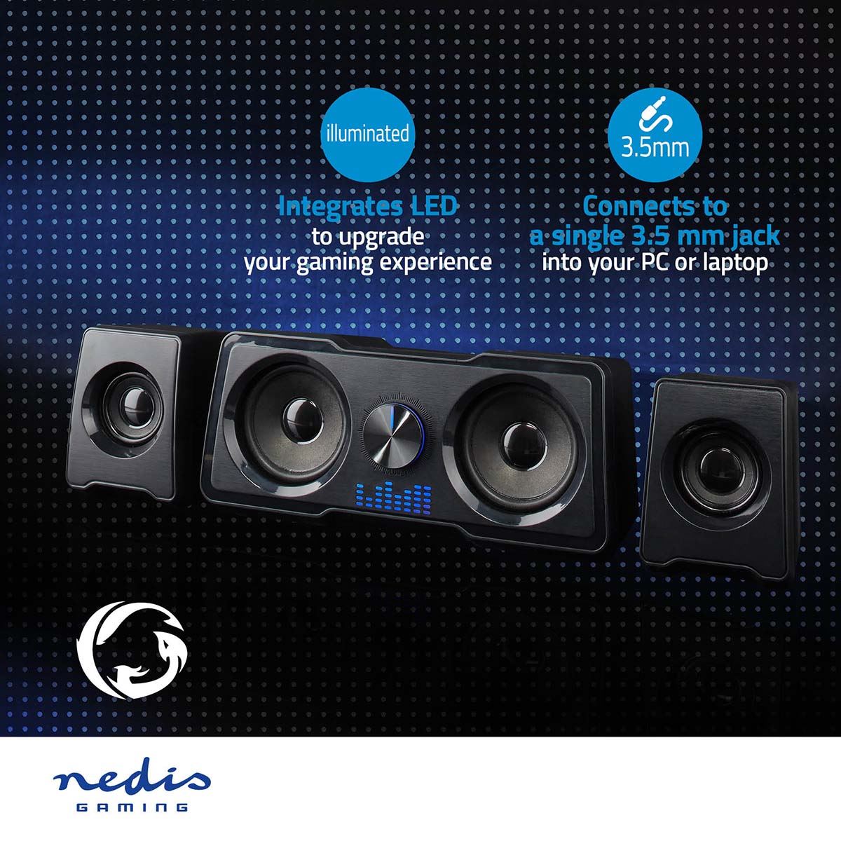 Nedis Gaming Speaker | Speaker channels: 2.2 | USB Powered | 3.5 mm Male | 48 W | LED | Volume control