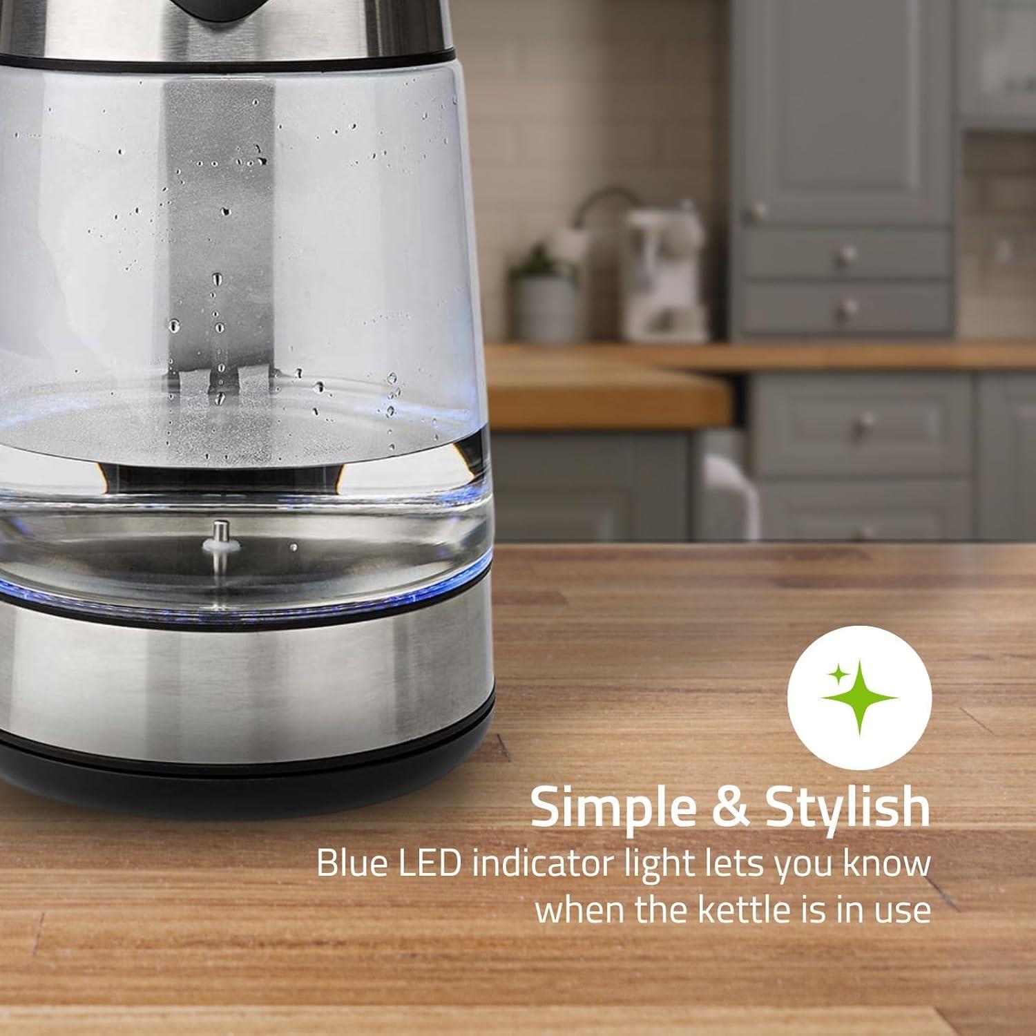 Nedis Electric Glass Kettle, Large 1.7L Capacity, with Striking Blue Illuminated LED Light, Boil-Dry Protection, and Removable Filter for Fresher Water - 2200W