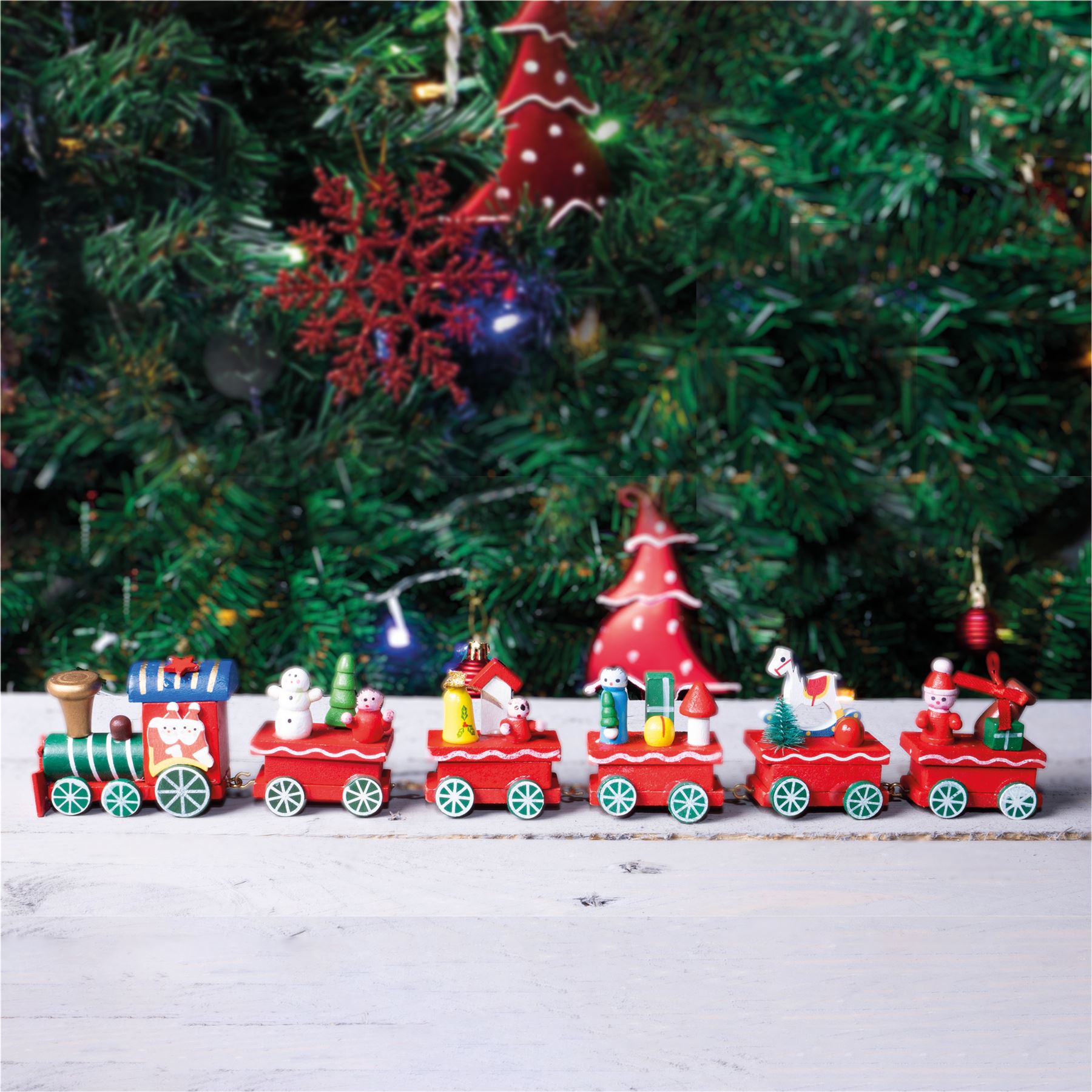 Wooden Christmas Train Set with Santa Decoration in Red