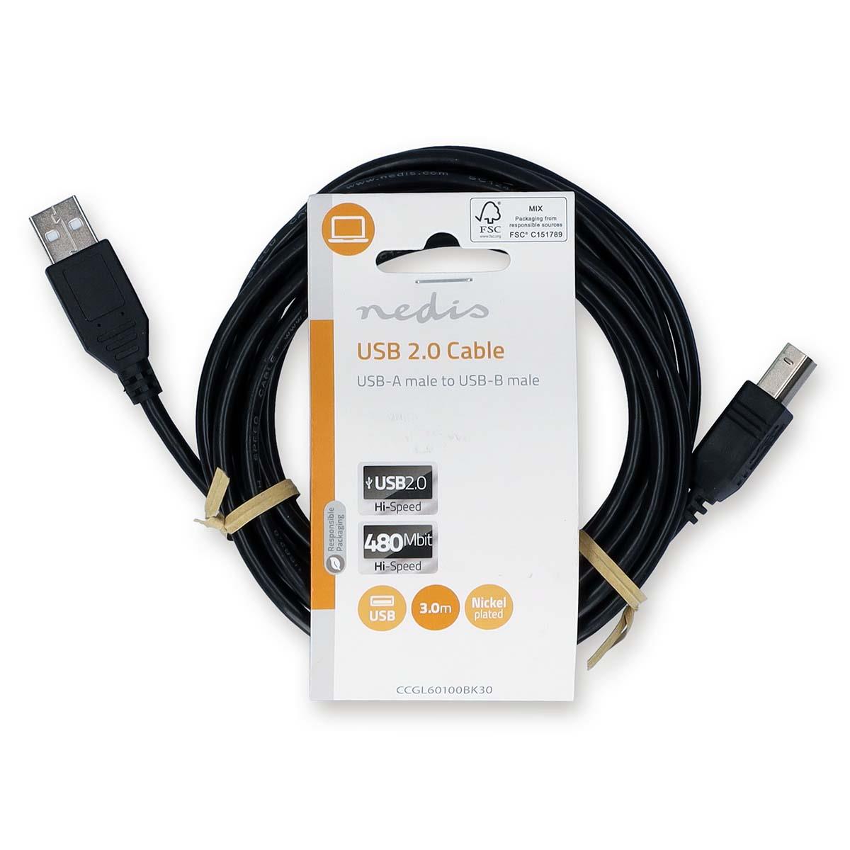 Nedis USB Cable | USB 2.0 | USB-A Male | USB-B Male | 10 W | 480 Mbps | Nickel Plated | 3.00 m | Round | PVC | Black | Label
