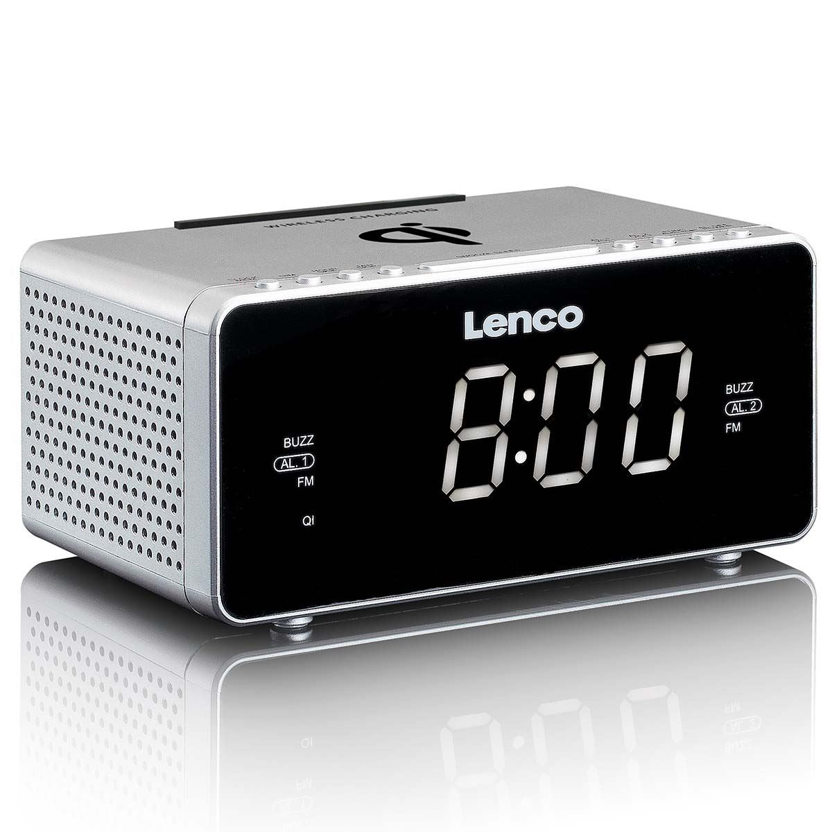 Lenco FM Alarm Clock Radio with USB and Qi Wireless Smartphone Charging Pad | Black & Silver