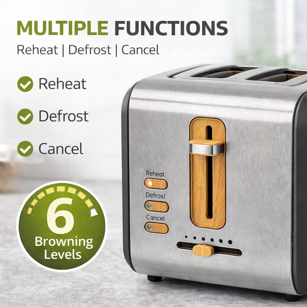 Nedis Soft Touch Toaster with 2 Wide Slots for Toast, Bagels or Muffins, 6 Toasting Settings, Reheat, Defrost and Cancel Functions, Grey