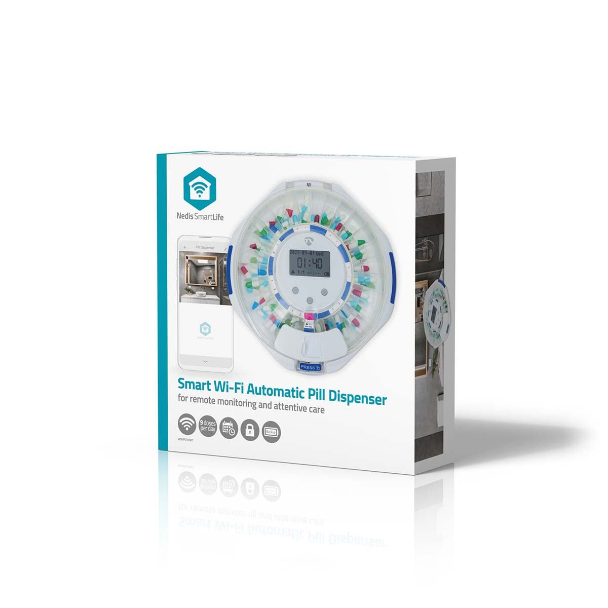 Nedis Smart Wi-Fi Pill Dispenser, 28 Compartments, 9 Daily Alarms, LCD Display, Locking Cover, Sliding Door, Medication Organiser for Vitamins & Supplements, Compatible with SmartLife App � White