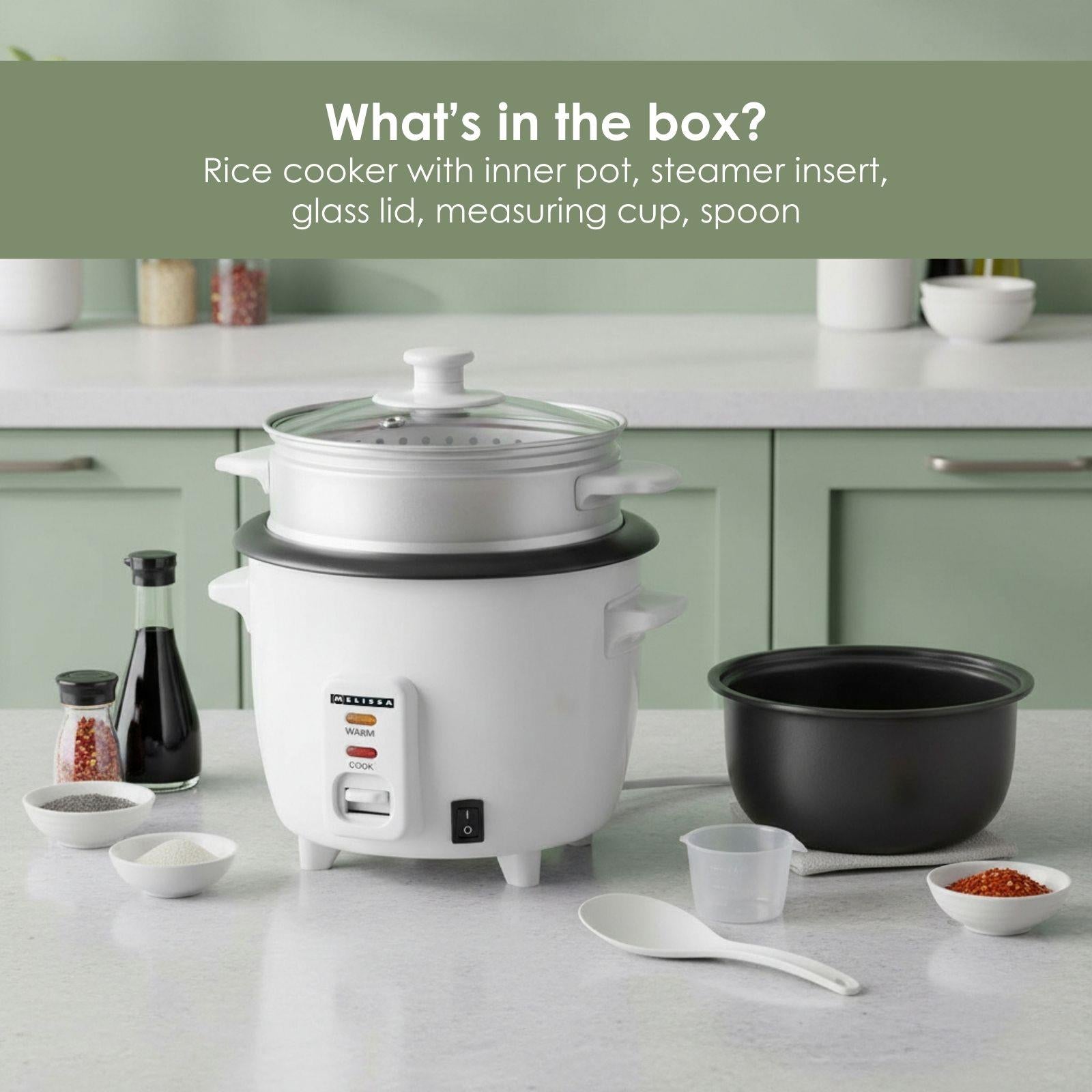 MELISSA 0.6L Rice Cooker & Steamer with Keep-Warm Function, 300W, for 1-2 People, Quick Preparation Without Burning, Non-Stick Coating incl. Steamer Insert