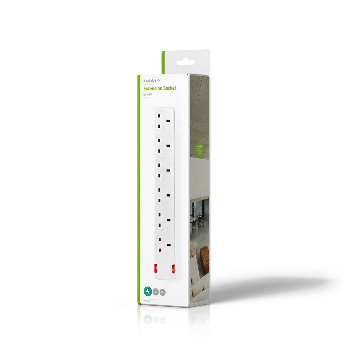 6 Gang 3m Mains Extension Lead Socket 13A - White