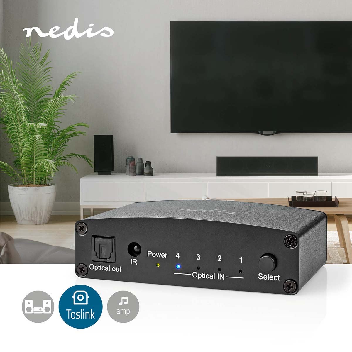 Nedis Digital Audio Switch | 4-way | Connection input: DC Power / 4x TosLink to Connection output: TosLink Female | Manual / Push Button / Remote Control | Metal | Black