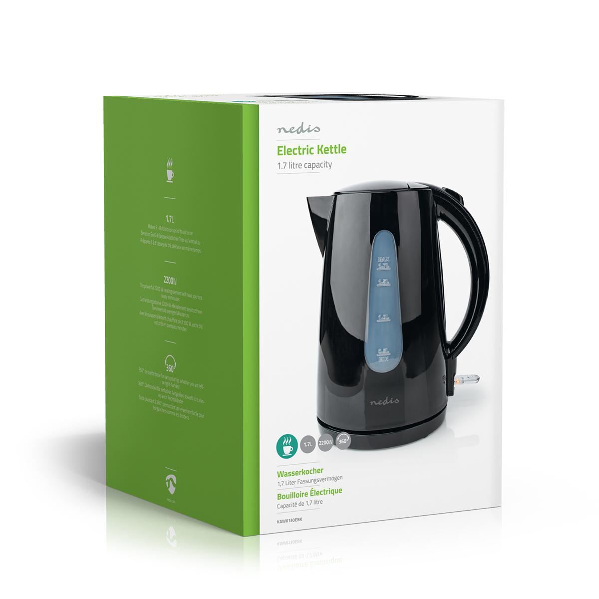 Nedis Electric Kettle | 1.7 l | Plastic | Black | Rotatable 360 degrees | Concealed heating element | Strix® controller | Boil-dry protection
