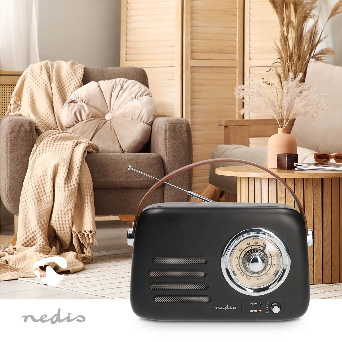 Nedis Retro FM Radio Bluetooth Portable Radio Speaker, USB Playback, AUX Input, Subwoofer Bass, Rechargeable Battery, USB-C
