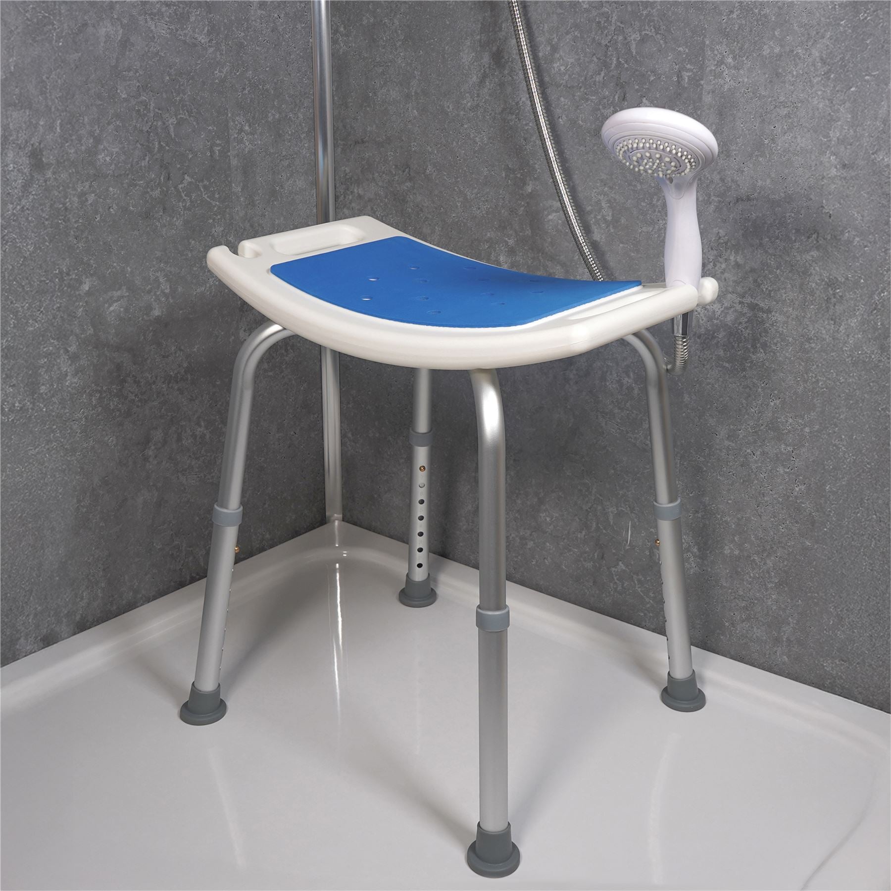 Aidapt Shower Stool with Seat Padding.Height Adjustable,Shower Head Holder,Minimal Assembly,No Tools Required,Non-Slip Ferrules,Integral Seat Handles,Elderly,Disability,Bath Chair