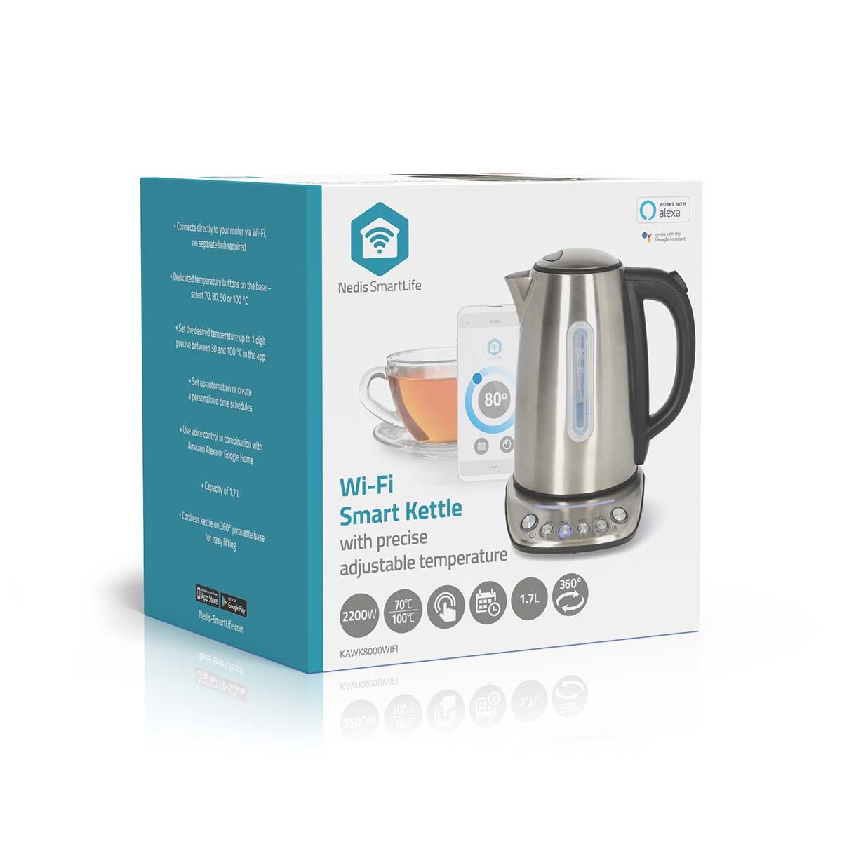 Nedis Smart Wi-Fi Kettle, 1.7L Stainless Steel, Variable Temperature 70-100oC, 2200W, App& Voice Control, Compatible with Alexa & Google
