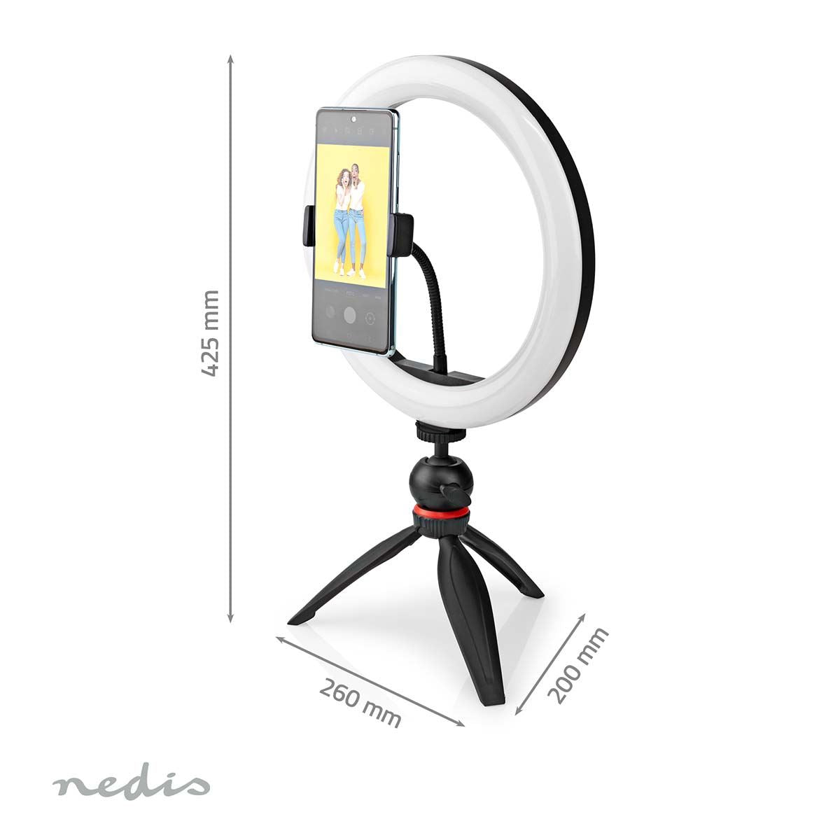 Nedis Ring Light, 10" LED Ring Lamp with 120 LEDs on Tripod Stand, USB Powered, with Flexible Phone Holder, 10 Light Modes