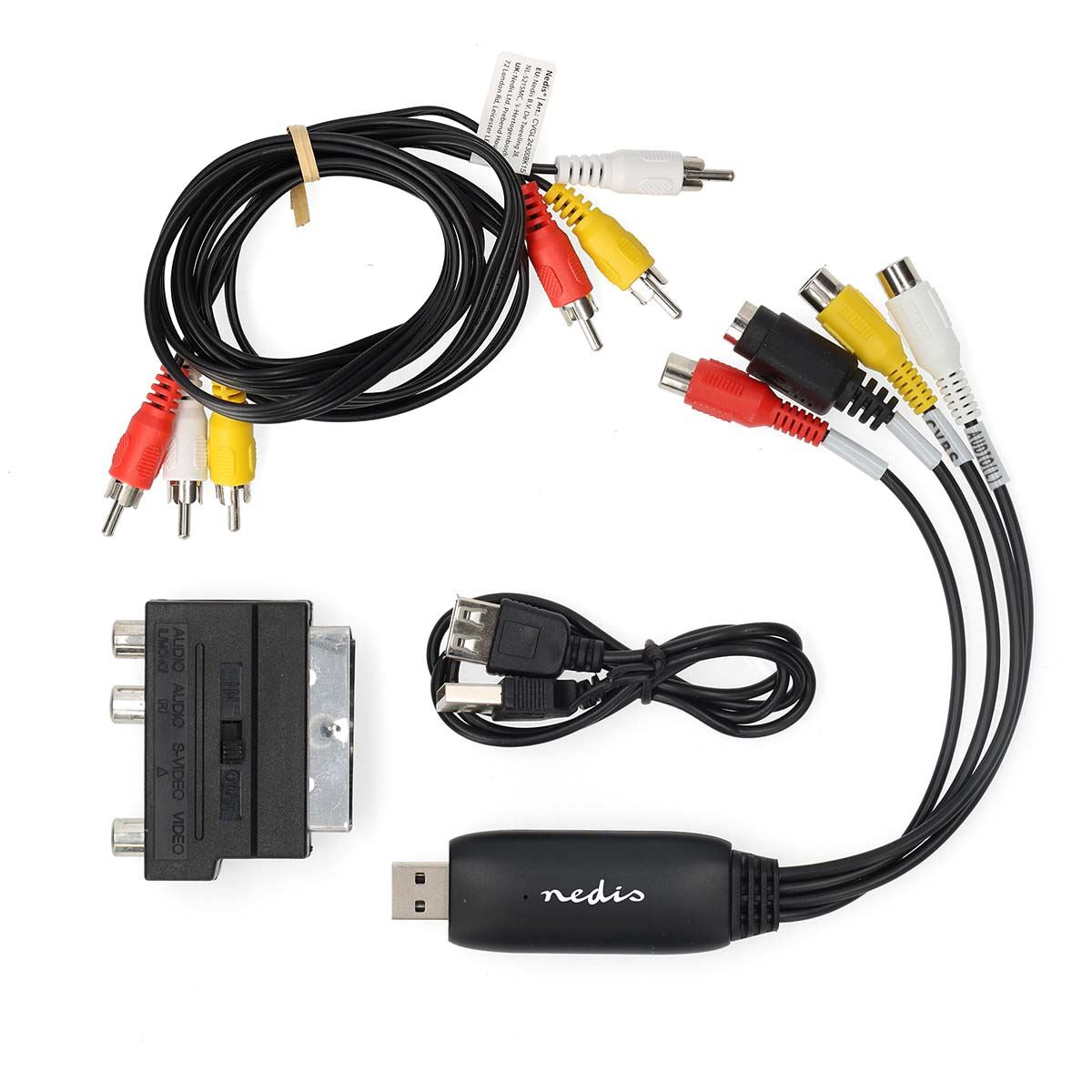 Nedis USB 2.0 Video Grabber Capture, RCA to USB Audio Video Converter with Extension Cord, Convert VHS Mini DV Hi8 DVD VCR to Digital Converter