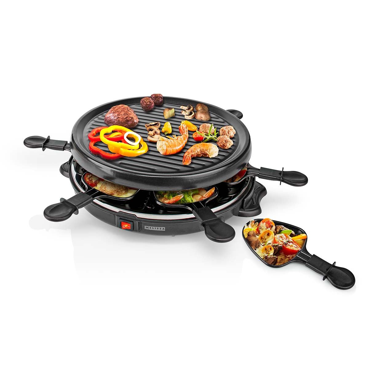 MELISSA Electric Raclette Gourmet Grill, 6 Person Indoor Non-Stick Tabletop Cooker, Removable Round Hot Plate, with 6 x Mini Cheese Pans & Spatulas, 800W