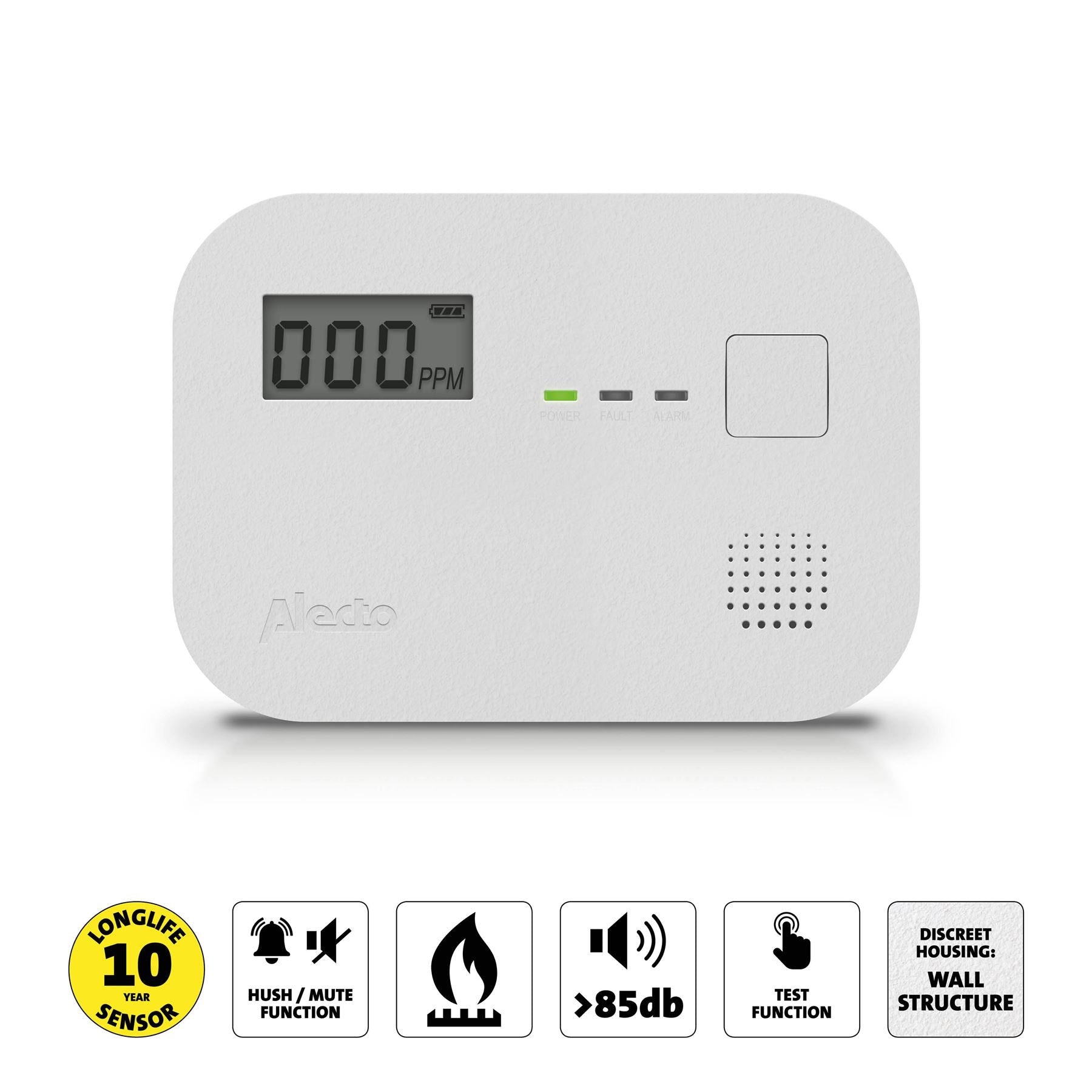 Alecto COA3910 Carbon monoxide Alarm with 10 year Sensor Runtime & LCD Display | EN50291-1:20180 | White