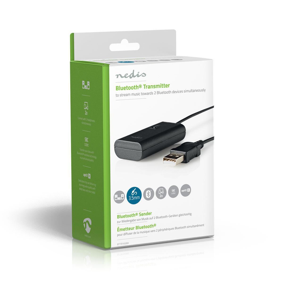 Nedis Bluetooth® Transmitter | Connection input: 1x 3.5 mm | AptX ™ Low latency / AptX™ / SBC | Up to 2 Devices | Black