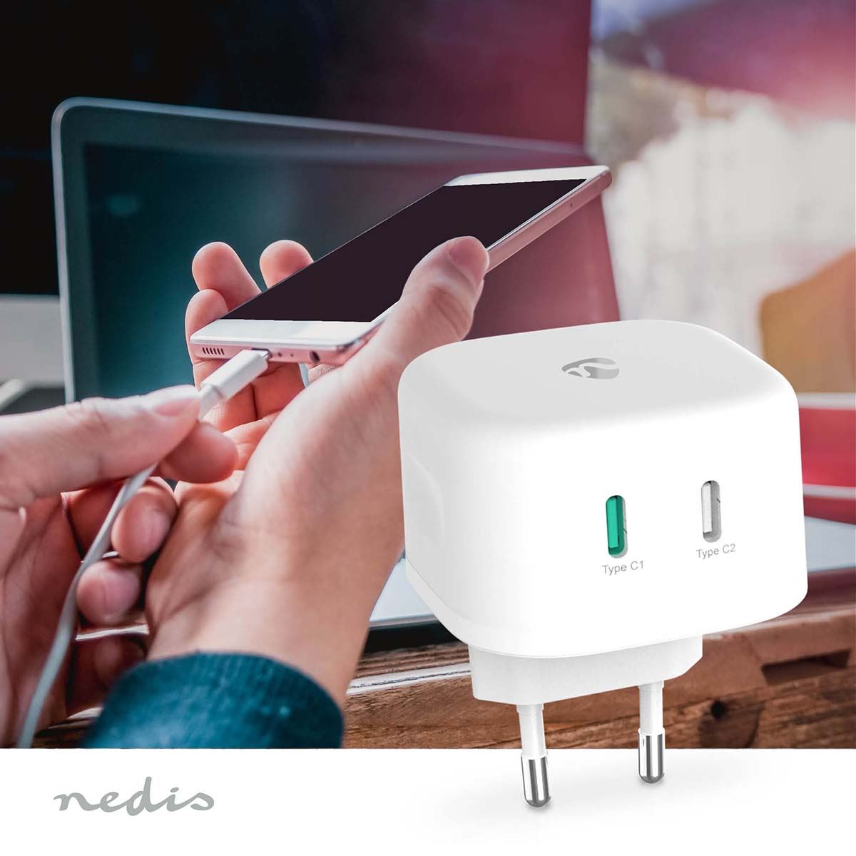 Nedis EU Euro Travel Wall Charger | 45 W | GaN | PD3.0 45W | Quick charge feature | 2.25 / 3.0 A | Number of outputs: 2 | 2x USB-C™ | Automatic Voltage Selection | White