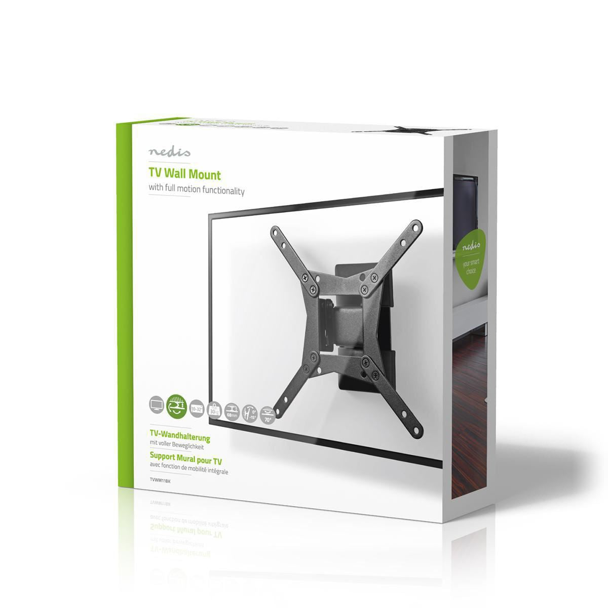 Nedis Full Motion TV Wall Mount | 10 - 32 " | Maximum supported screen weight: 30 kg | Tiltable | Rotatable | Minimum wall distance: 68 mm | Maximum wall distance: 68 mm | 1 Pivot point(s) | Steel | Black