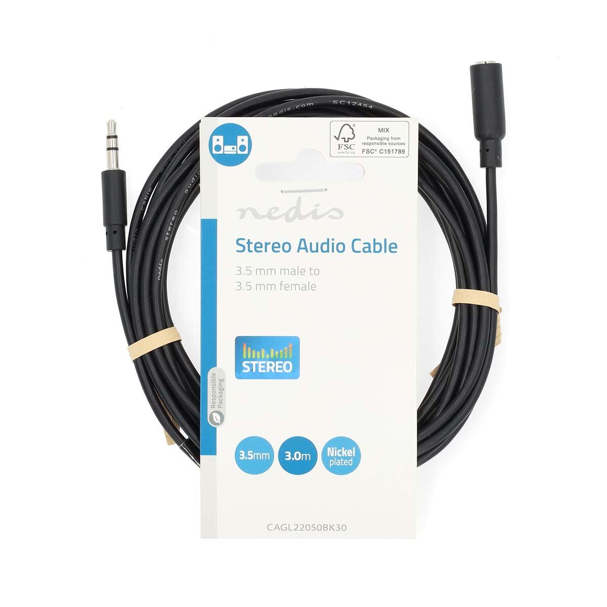 Nedis Stereo Audio Cable | 3.5 mm Male | 3.5 mm Female | Nickel Plated | 3.00 m | Round | Black | Label