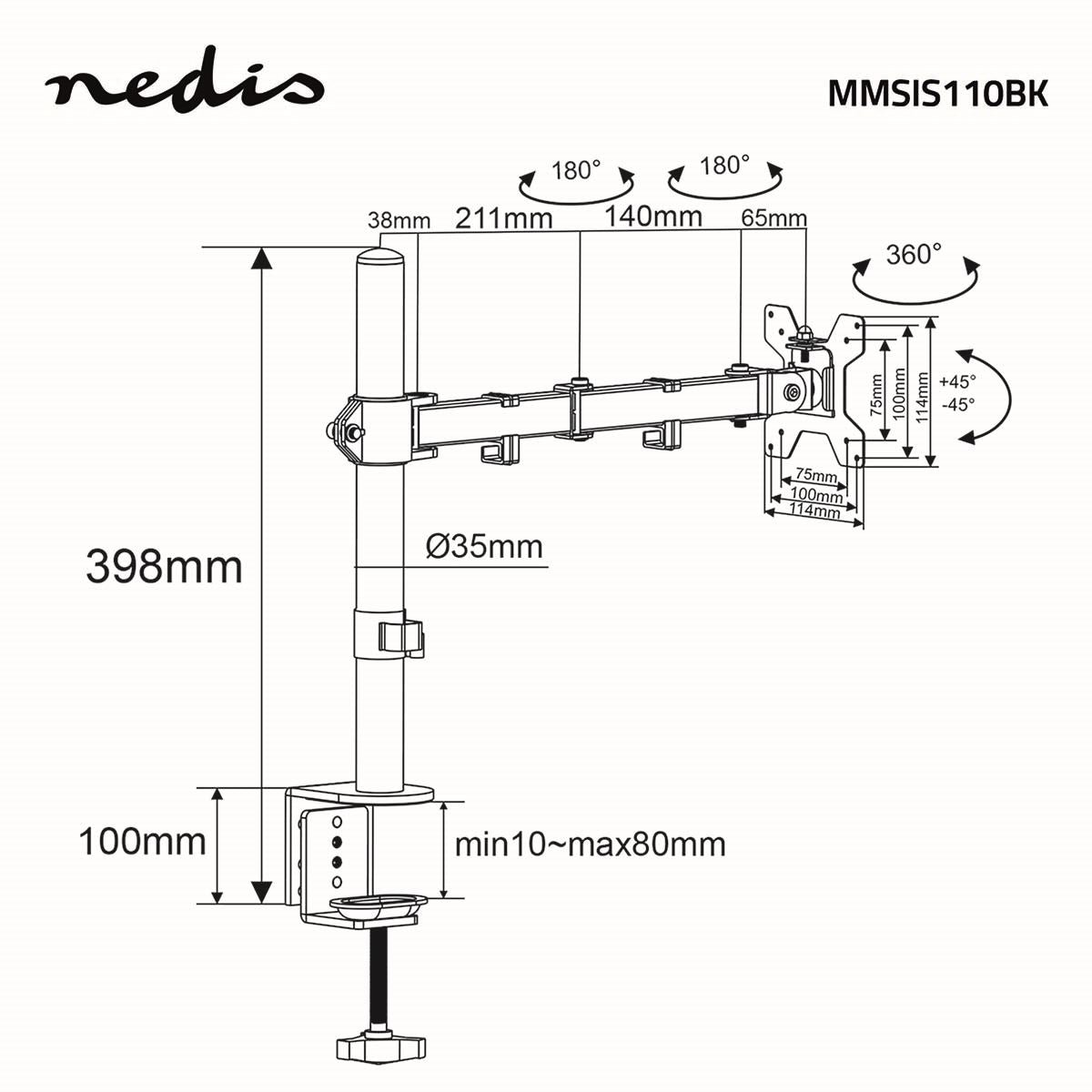 Nedis Desk Monitor Mount | 1 Screen | 15 - 32 " | 75x75 / 100x100 | Full Motion