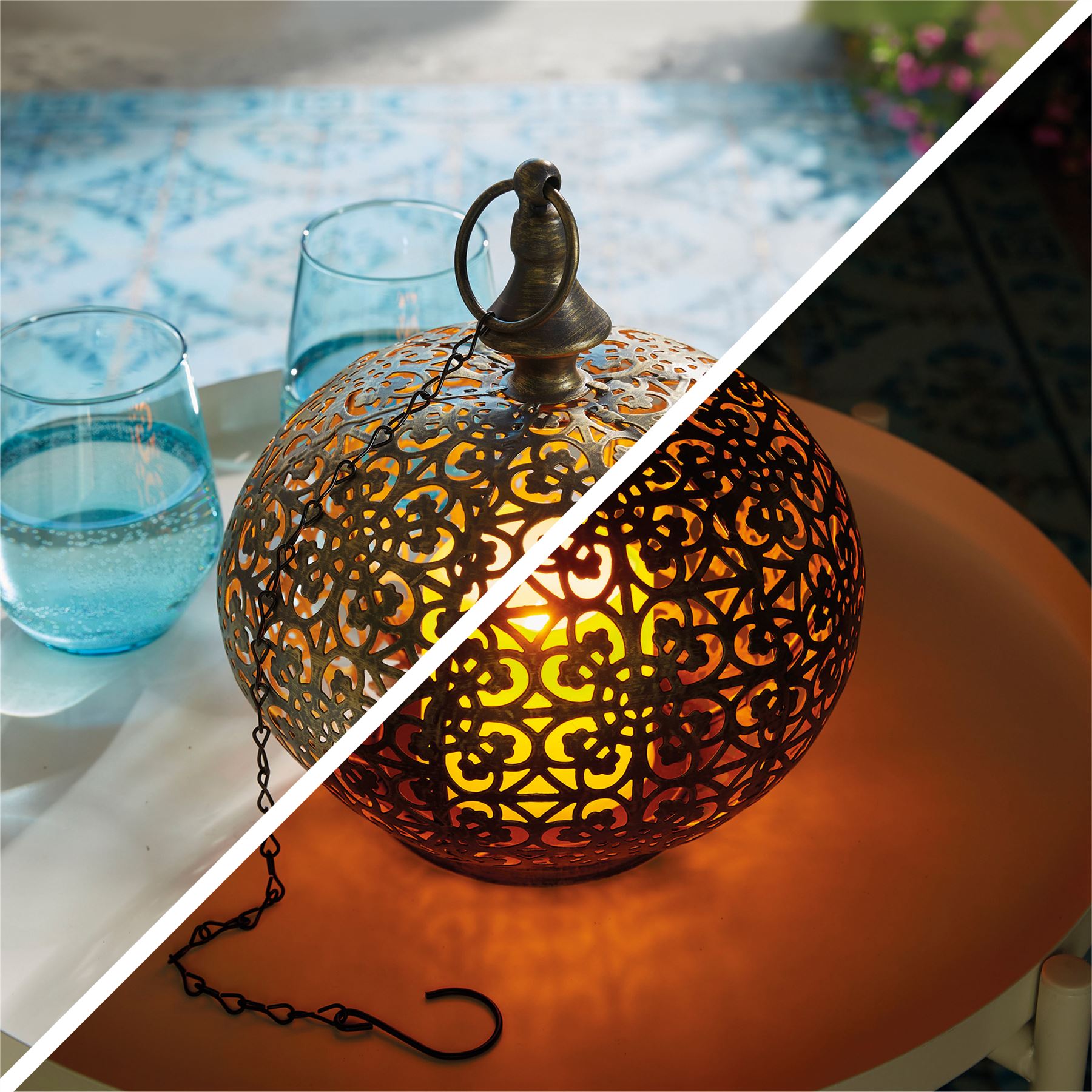 Moroccan Style LED Hanging Light Lantern USB Rechargeable Outdoor Warm White with Timer