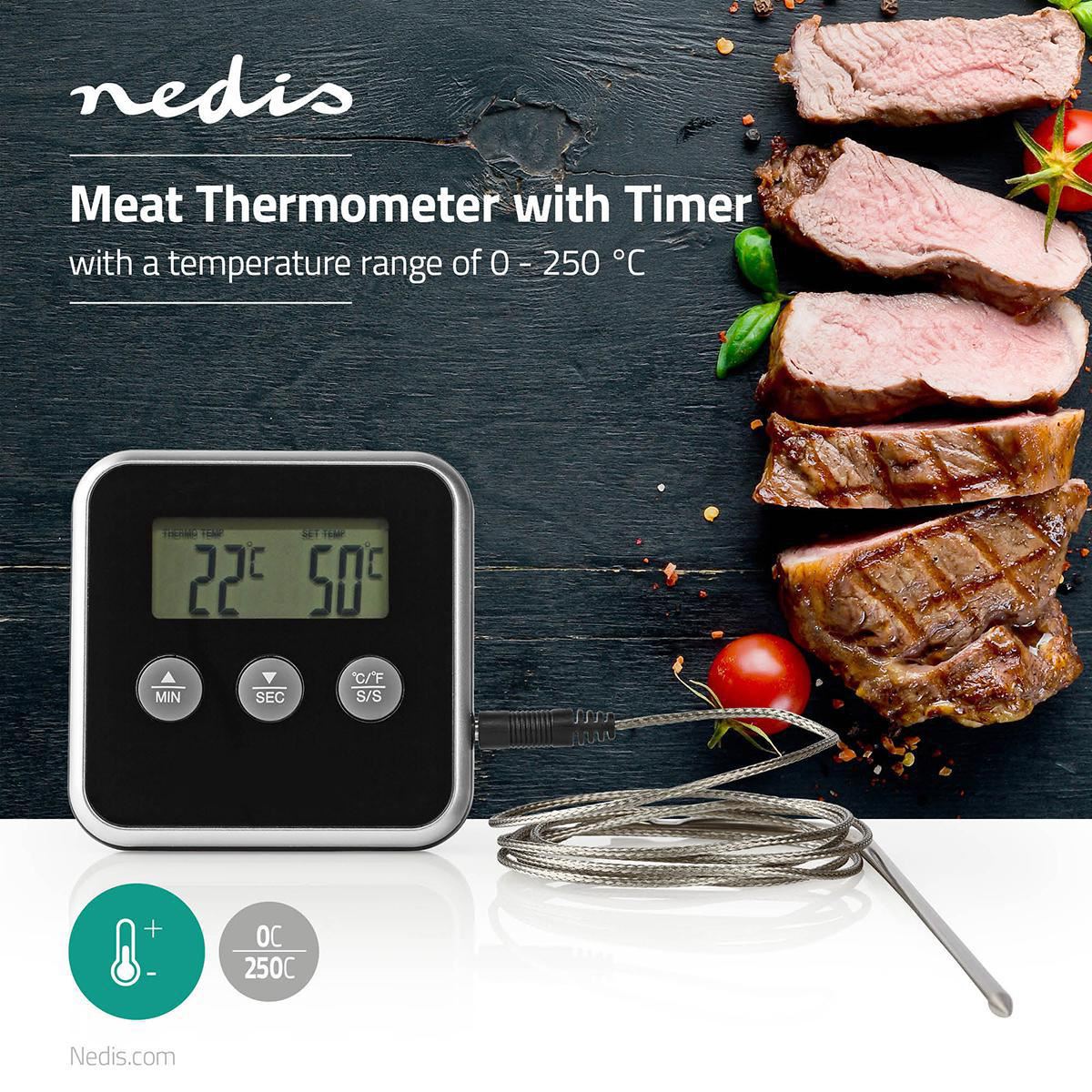 Nedis Meat Thermometer | Alarm / Timer | LCD Display | 0 - 250 °C | Black / Silver