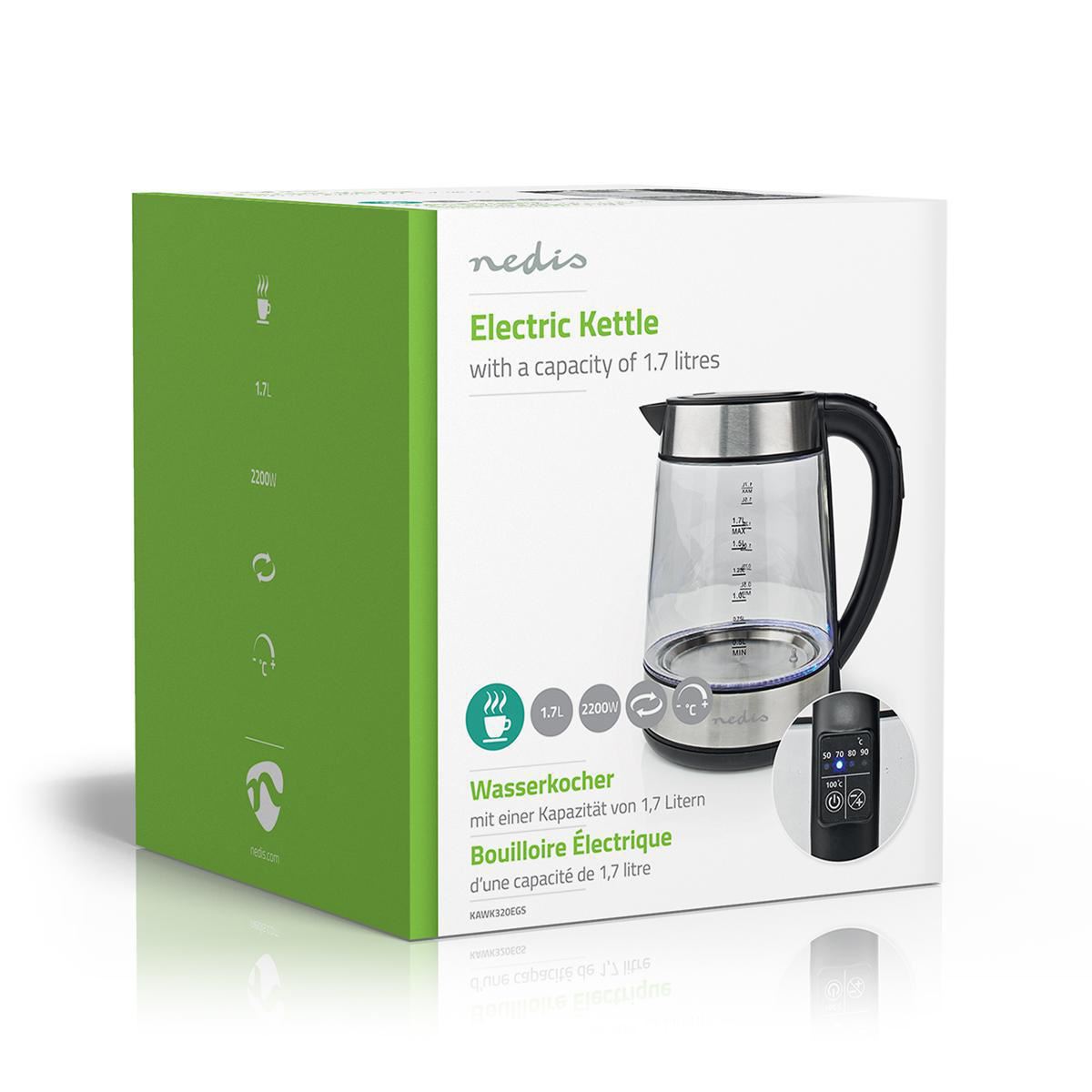 Nedis Electric Glass Kettle, Large 1.7L Capacity, with Striking Blue Illuminated LED Light, Boil-Dry Protection, and Removable Filter for Fresher Water - 2200W