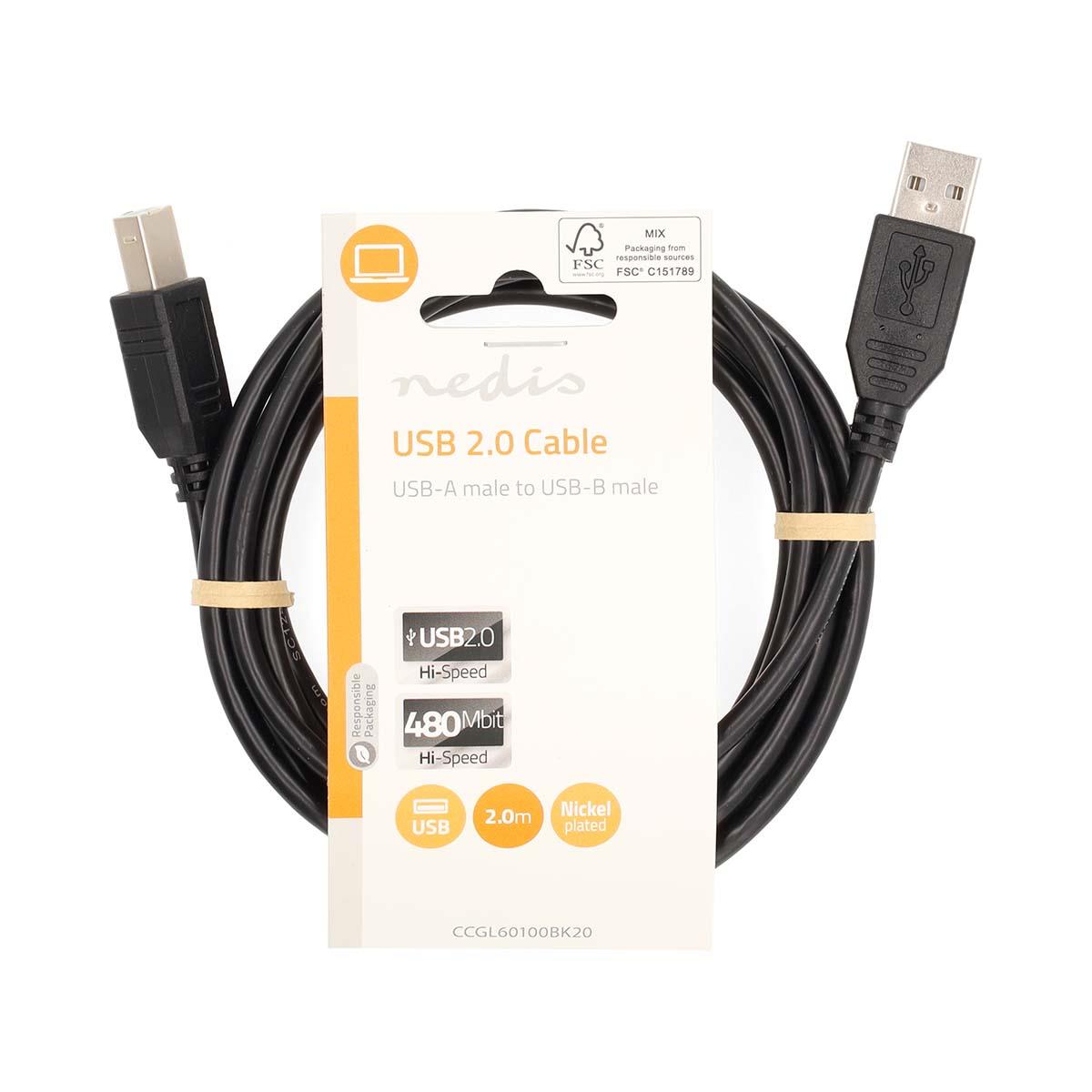Nedis USB Cable | USB 2.0 | USB-A Male | USB-B Male | 10 W | 480 Mbps | Nickel Plated | 2.00 m | Round | PVC | Black | Label