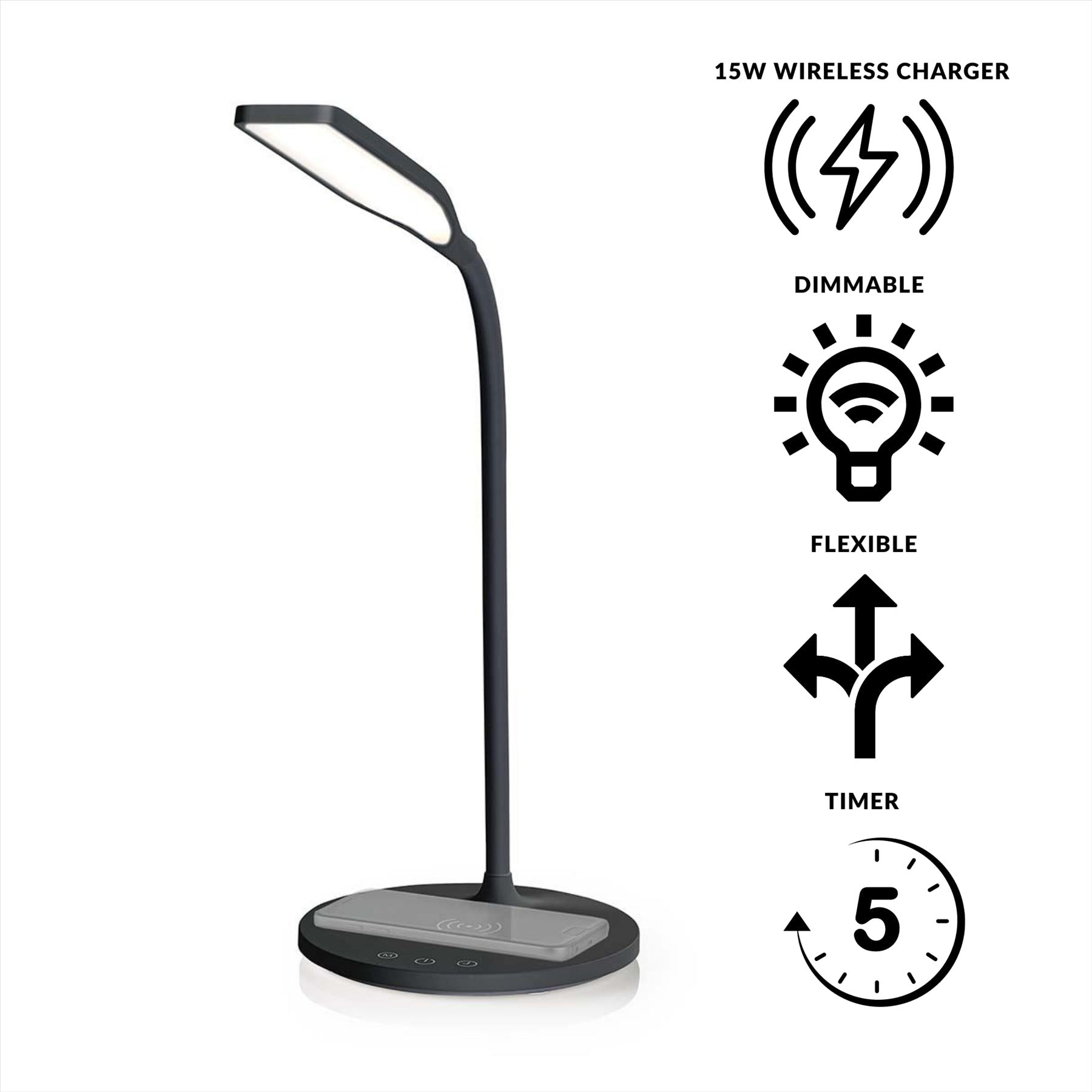 LED Desk Lamp with Fast Wireless Charger for Qi-Enabled Device, Table Lamp with 3 Colour Temperatures, Brightness Levels, Adjustable Gooseneck, 40 Minute Timer - Black