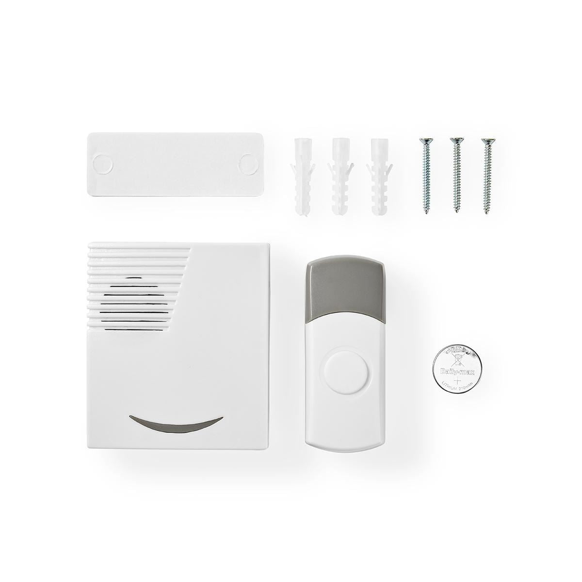 Nedis Wireless Doorbell, Battery Powered Cordless Door Chime Kit with 100m Range, 36 Chimes, LED and 80dB Volume - White