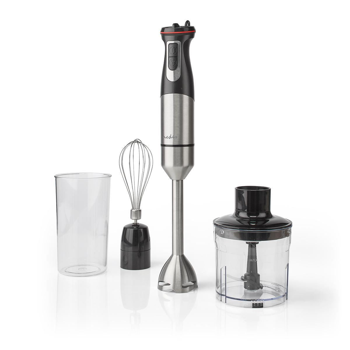 Nedis 3 in 1 Hand Blender, 800W Mini Chopper Food Processor, Immersion Blender and Electric Whisk, with 500ml Chopper Bowl and 900ml Beaker - Silver/Black